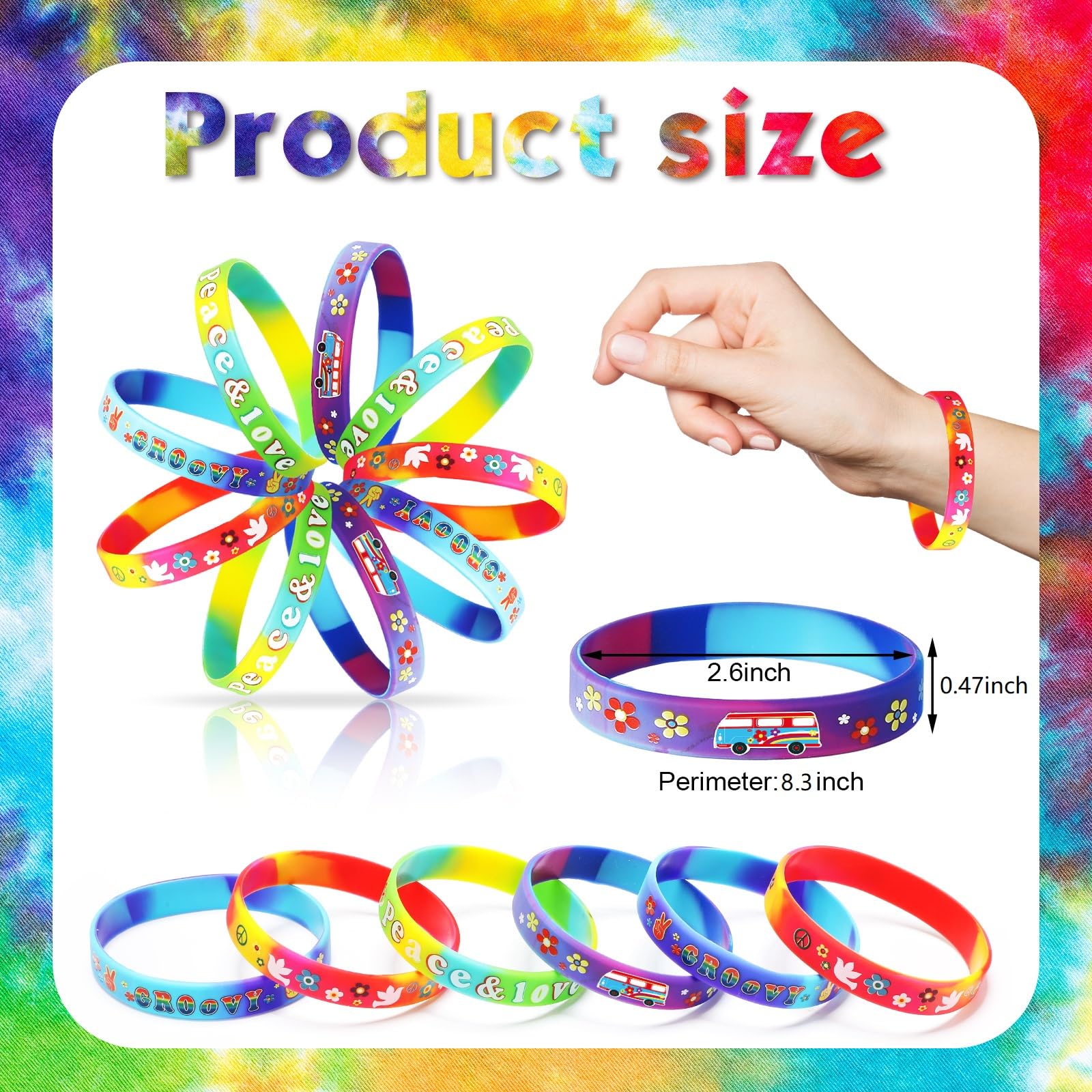24 Pcs 60's Hippy Retro Groovy Silicone Bracelets Wristbands Party Decoration Peace Love 60's Hippy Favor for 60s Hippie Groovy Party Supplies