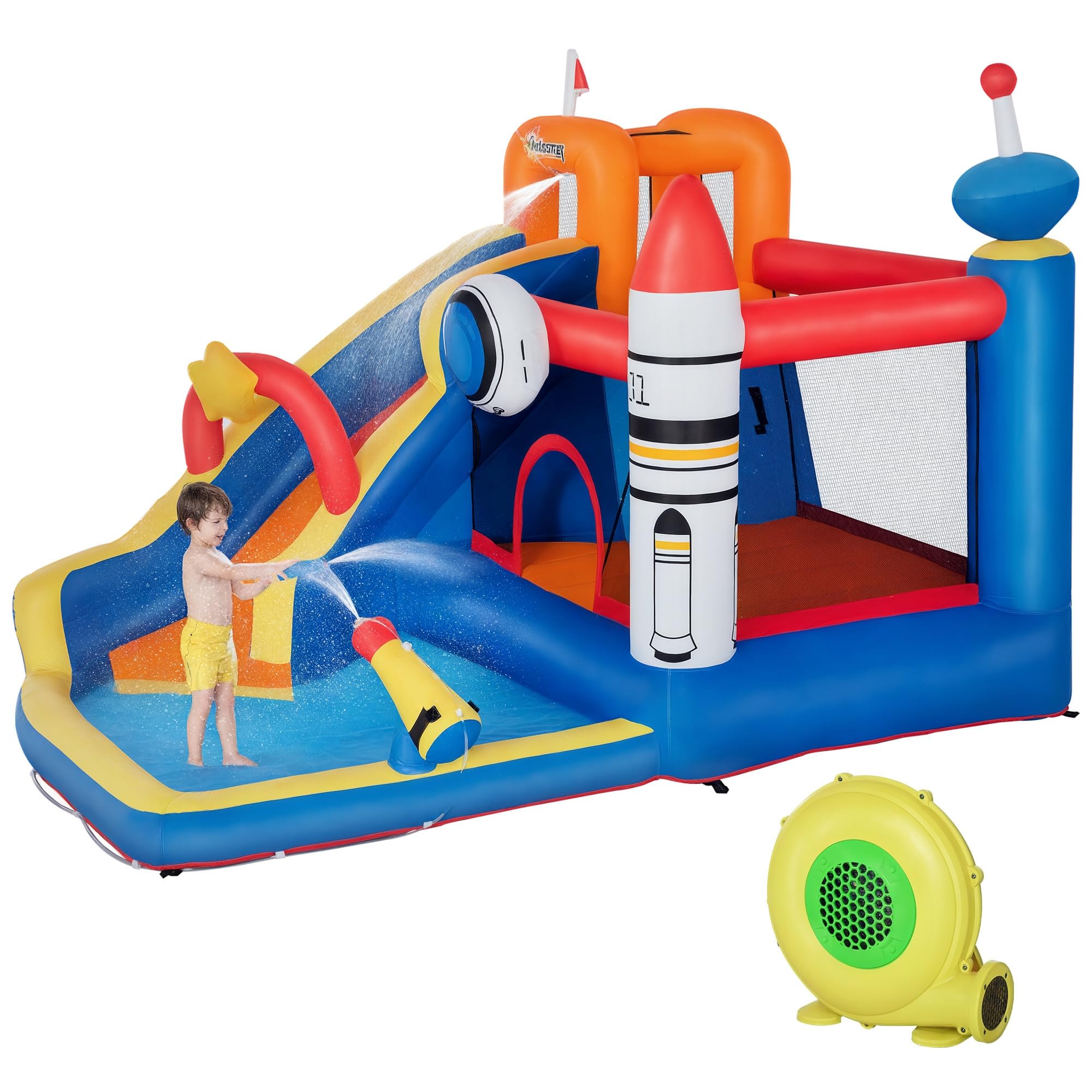 Outsunny Juego inflable para niños de 3 a 8 años con temática de espacio de tela Oxford con bolsa de transporte, 11 estacas y parches incluidos, 340 x 270 x 227 cm