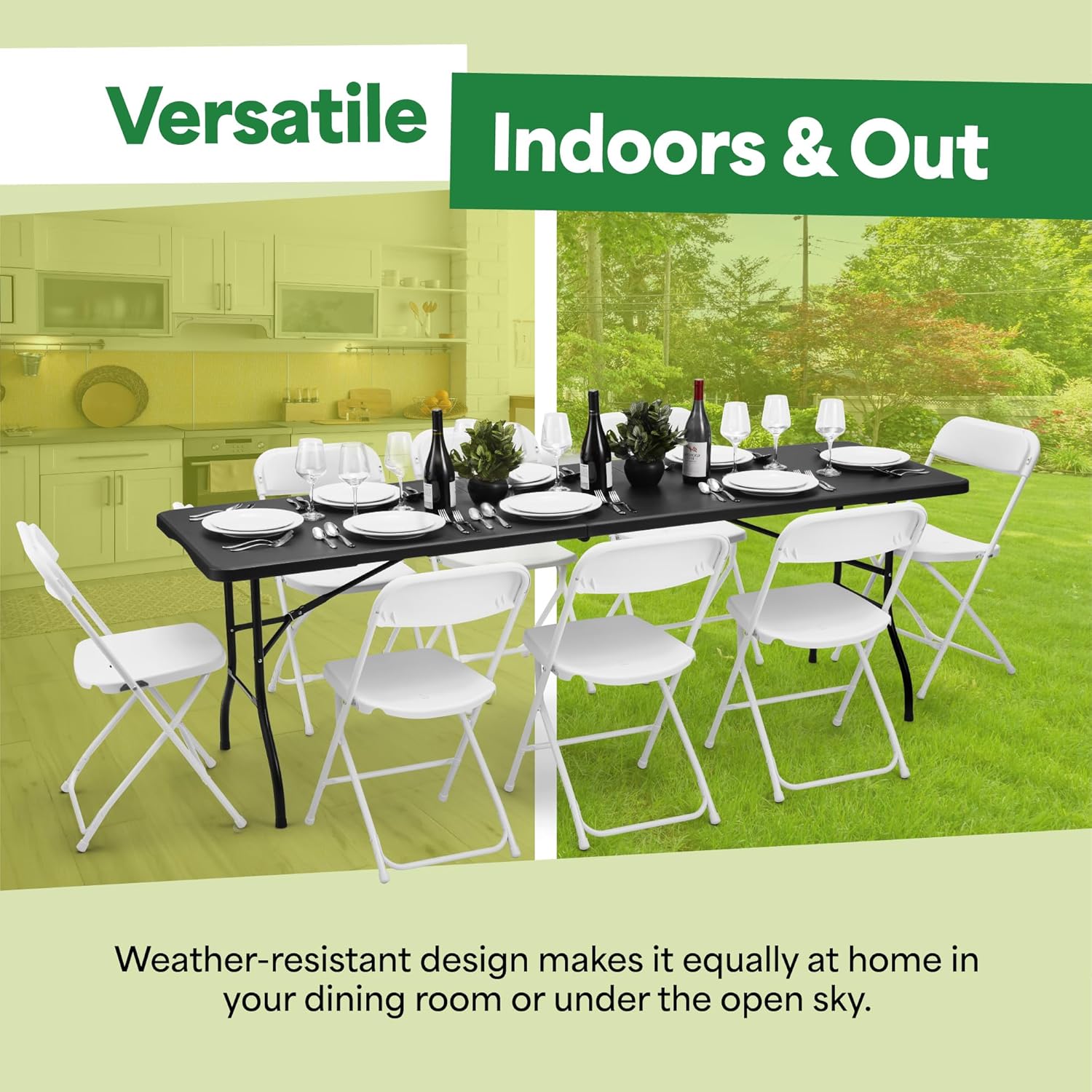 EconoHome Black 8ft Folding Table with Handle | Heavy-Duty Foldable Table | Portable Table for Indoor & Outdoor Use | Perfect for Events, Camping, Parties, Dining & More