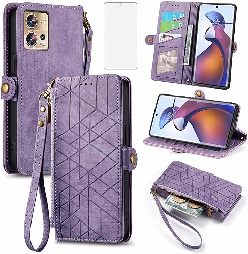 Asuwish Funda de teléfono para Motorola Edge 30 FusionMoto S30 Pro 5G Funda tipo cartera con protector de pantalla de vidrio templado y correa de