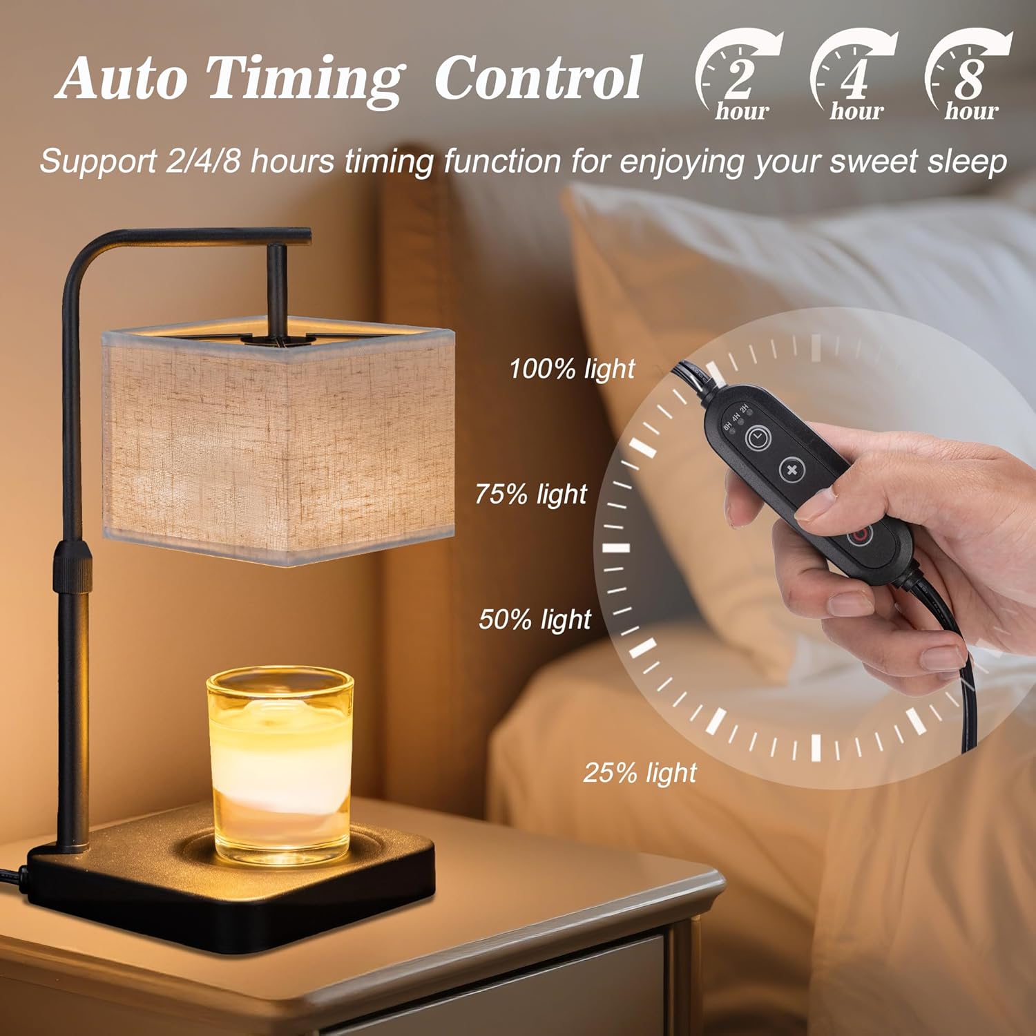 Candle Warmer Lamp with Timer Dimmable,Wax Warmer Lamp with Square Fabric Linen Shade,Height Adjustable Candle Warmer with 2 Bulbs,Gifts for Women Mom,House Warming Gifts New Home Bedroom Decor - Image 2
