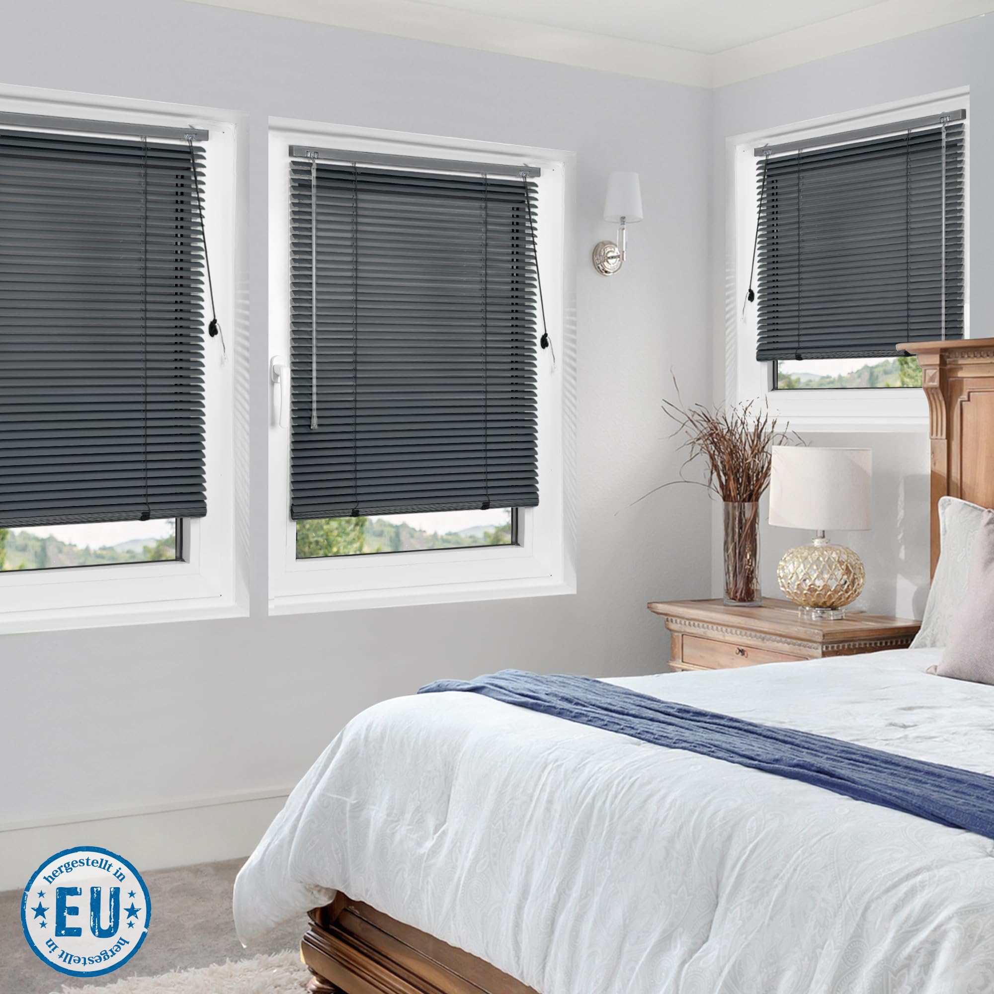 Jalousiescout Persiana Veneciana sin luz Persiana Veneciana de Aluminio, innovadora tecnología de oscurecimiento, protección de la intimidad, sin taladrar, 150 x 250 cm, Gris Oscuro Mate