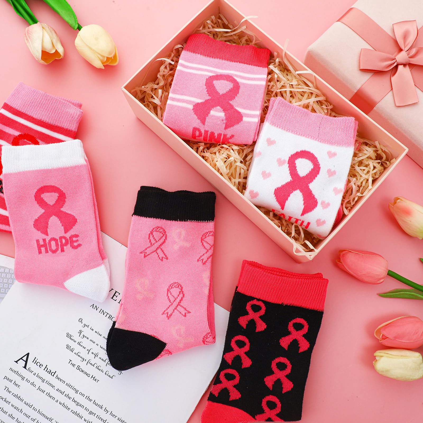 Hercicy 48 Paar Brustkrebs-Bewusstseinssocken, weich, rosa, Crew-Socken, Großpackung, rosa Schleife, Brustkrebs, Geschenke für Frauen, Jugendliche, Sport, Fußball, Cheer Zubehör, Mehrfarbig,