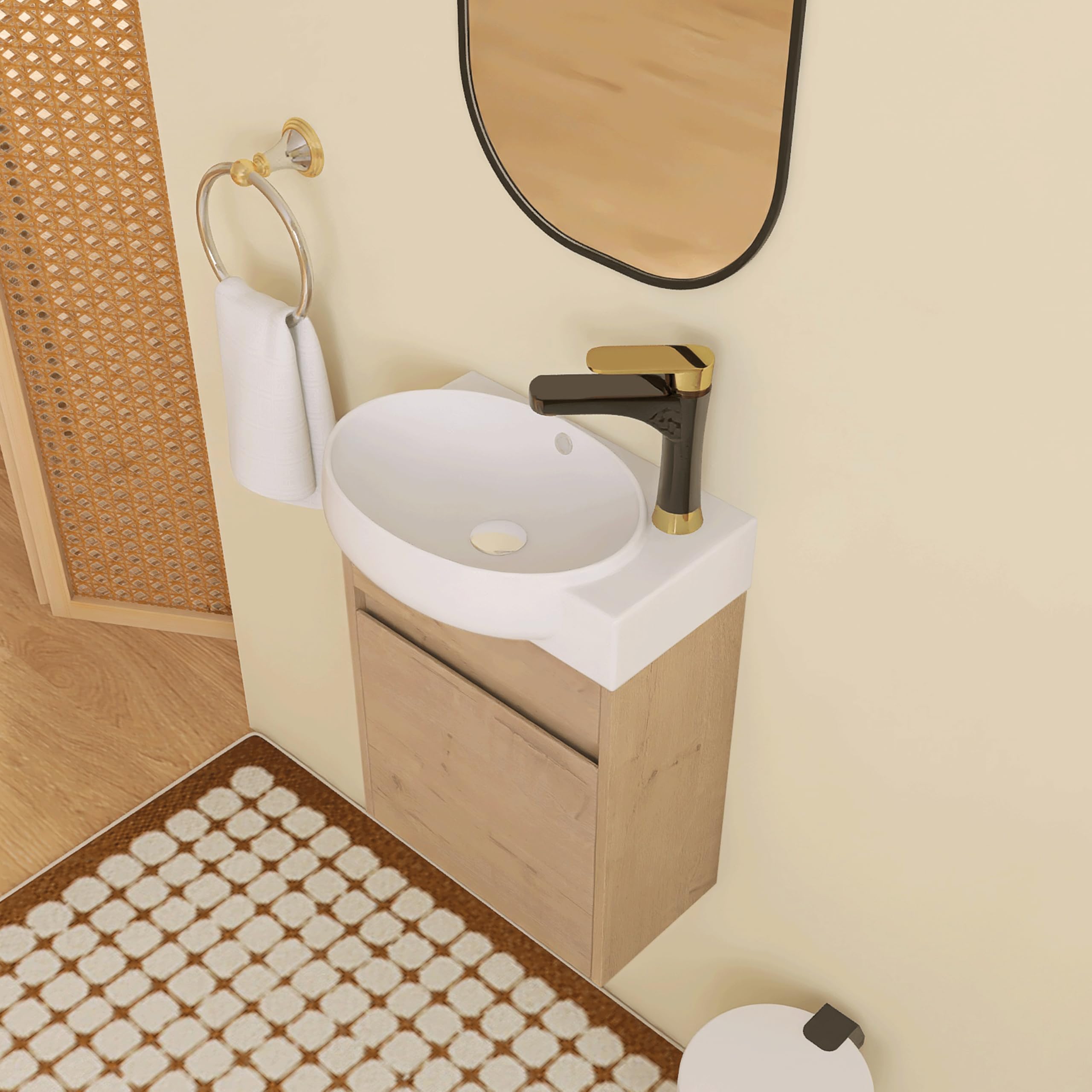 San Merah 16 inch Floating Bathroom Vanity with Sink, 16'' Wall-Mount Single Sink Vanity with Soft-Close Door & White Ceramic Top, for Small Space,