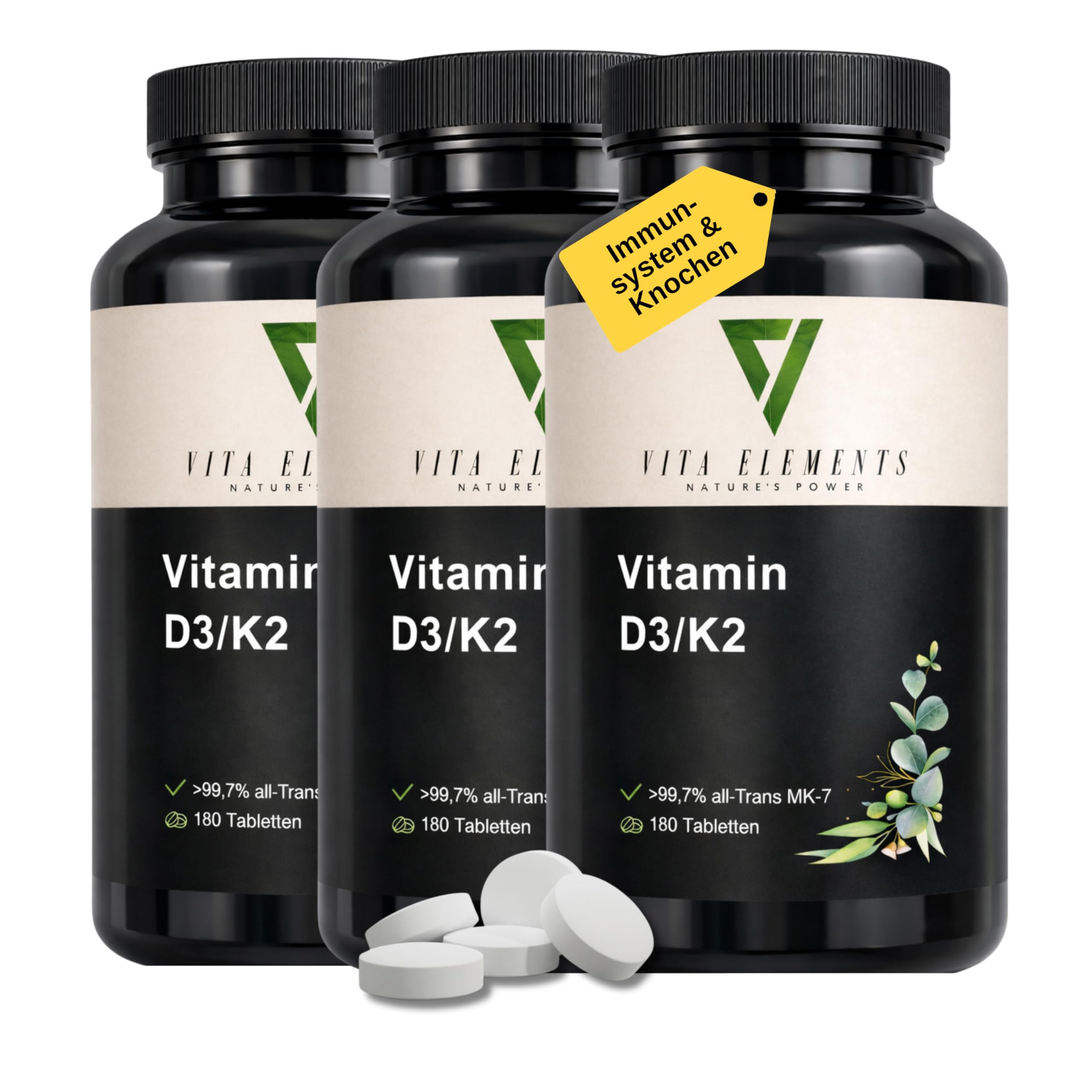 Vita Elements Vitamin D3 + K2 Depot - MK7 All-Trans - 180 Tabletten - Langzeitvorrat- Laborgeprüft - Ohne Zusätze – Vegan