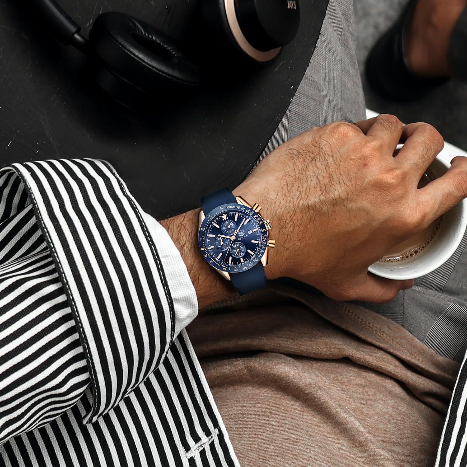 BY BENYAR Mens Watches Analog Waterproof Chronograph Men's Fashion Classic Elegant Wrist Watch with Leather Band Business Work Gifts for Men SIG-Blue