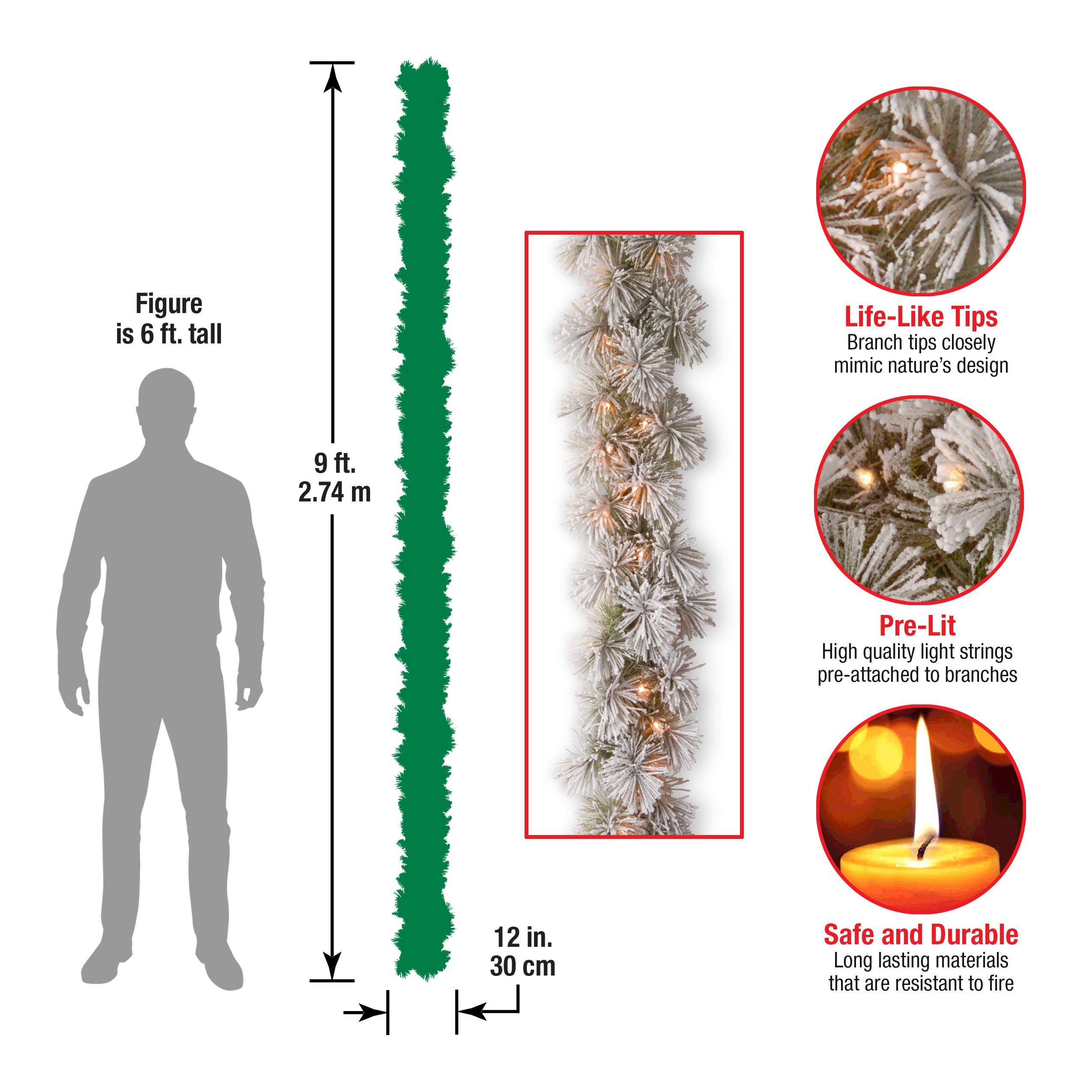 National Tree Company Pre-Lit Artificial Christmas Garland, Green, Glittery Bristle Pine, White Lights, Decorated With Frosted Branches, Plug In, Christmas Collection, 9 Feet