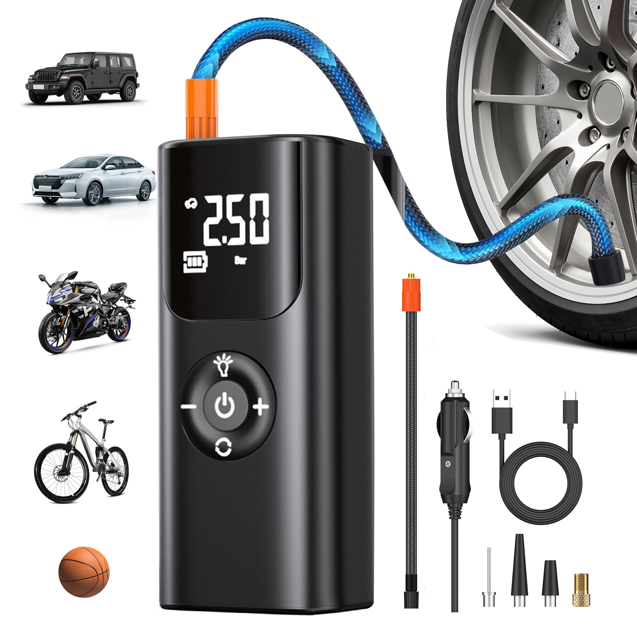Cordless Tire Inflator Portable Air Compressor 150PSI, Bike Tire Pump & Ball Pump - Wheel/Tire Inflators for Car, Motorcycle, Bicycle, Accurate Pressure LCD Display