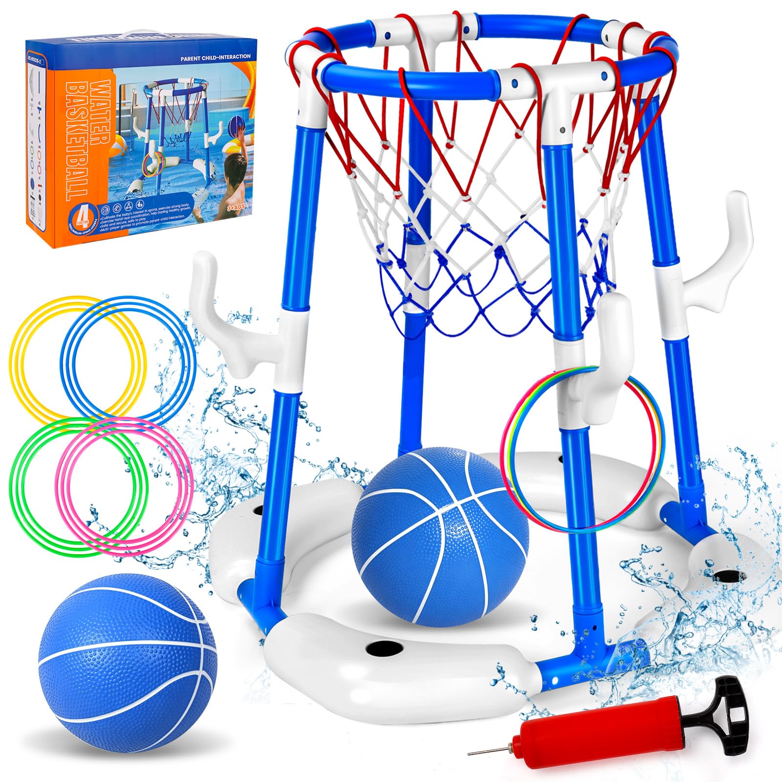 Canestro Basket Piscina, 2 in 1 Canestro da Basket Galleggiante per Piscina, Pool Basketball con 2 Palline, 12 Anelli e Pompa, Giochi Acquatici per Feste in Estive per Bambini e Adulti