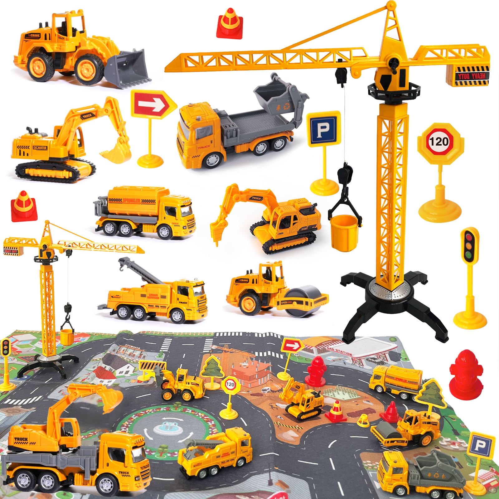 CORPER TOYS Diecast Construction Vehicles Playset Toys for Kids with Road Signs, Play Mat, Tower Crane, Excavator, Bulldozer Alloy Engineering Cars Set for Toddler Gift for Christmas Birthday