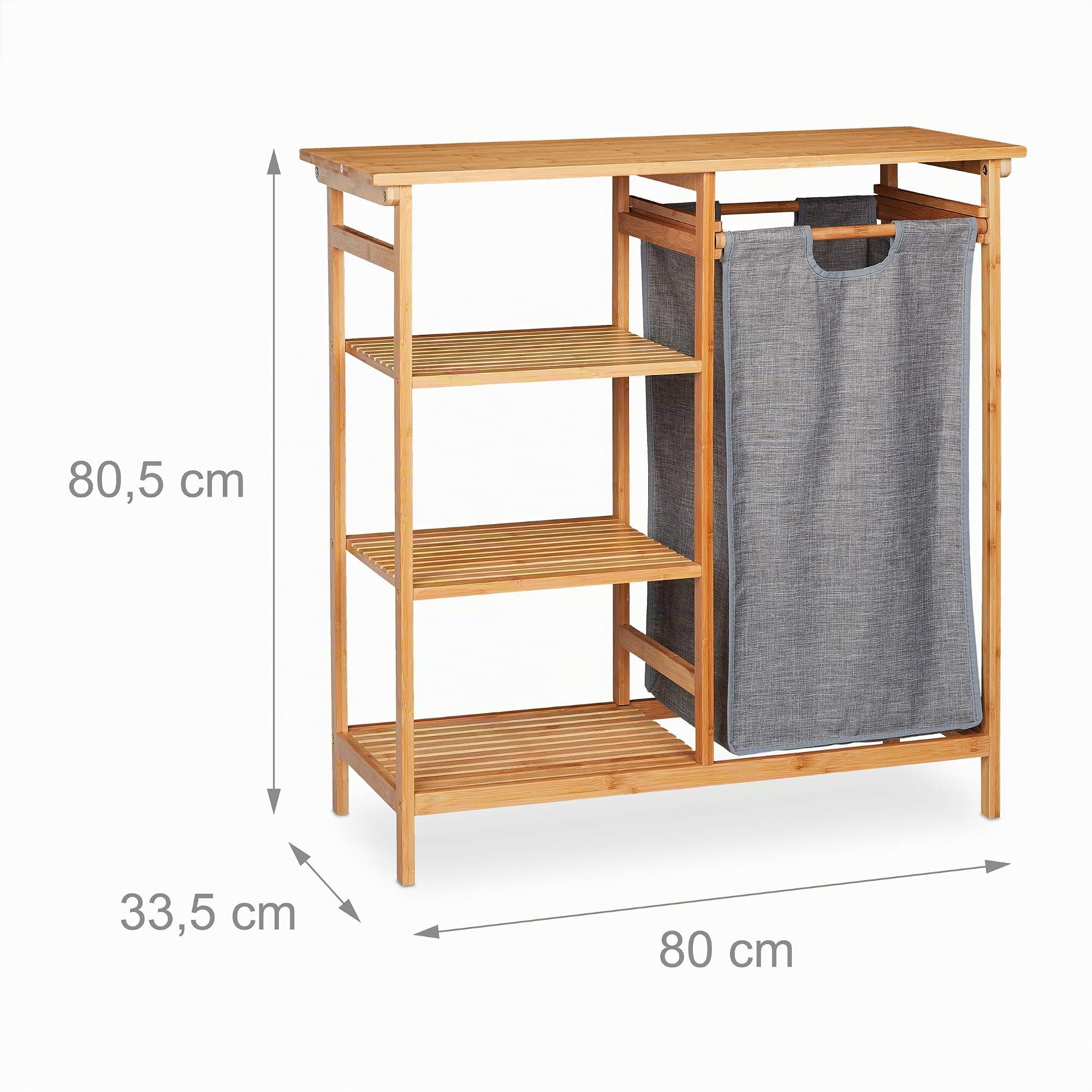 Relaxdays Badregal mit Wäschekorb, Bambus, 4 Ablagen, entnehmbarer Wäschesammler, HBT: 80,5 x 80 x 33,5 cm, natur/grau