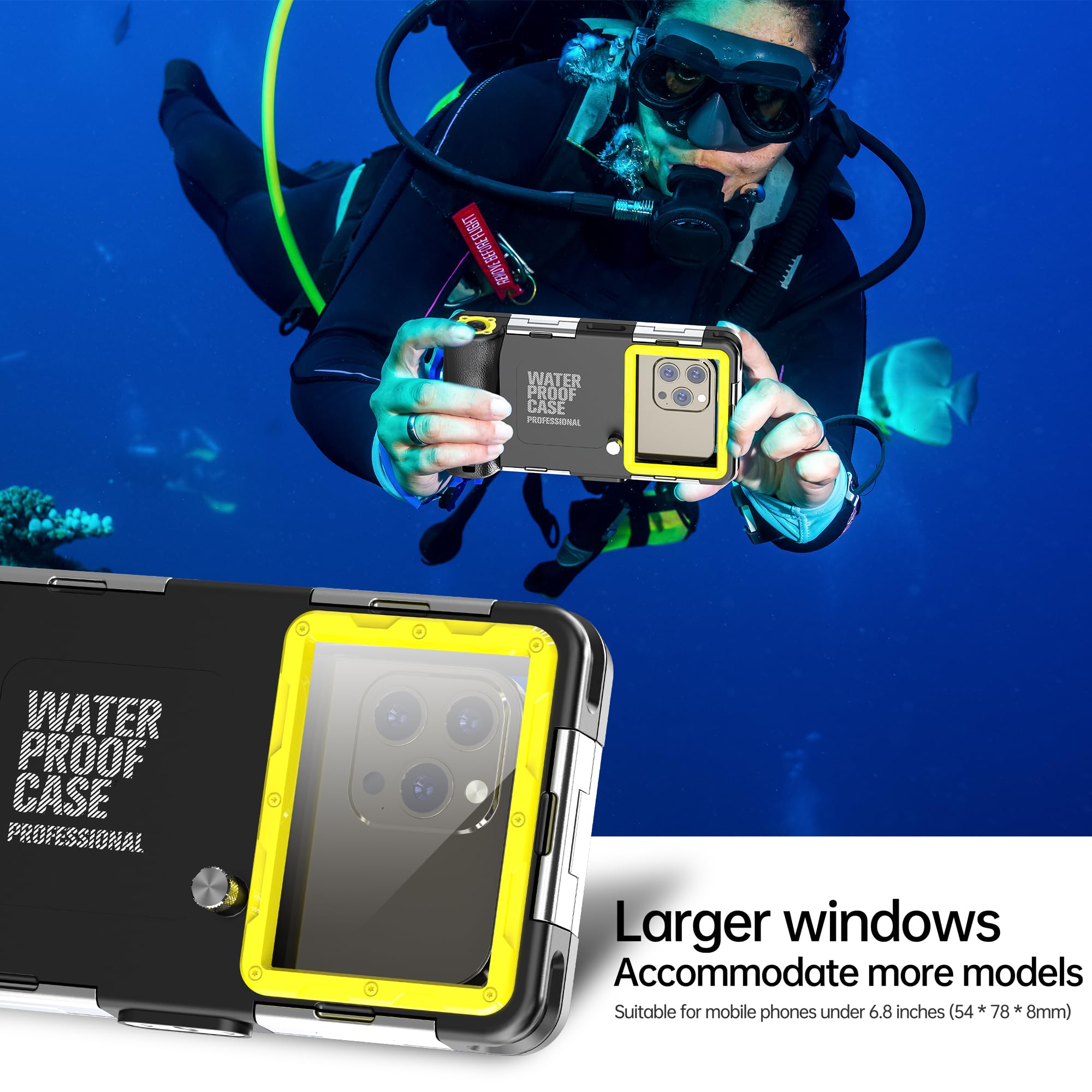 para iPhone 16e/15/14/13/12 Pro MAX Plus Buceo Funda, Universal IP68 15m Impermeable Bajo el Agua Carcasas para Celulares de 4,7''- 6,9'' para Exterior Natación Foto Video-Negro+Amarillo