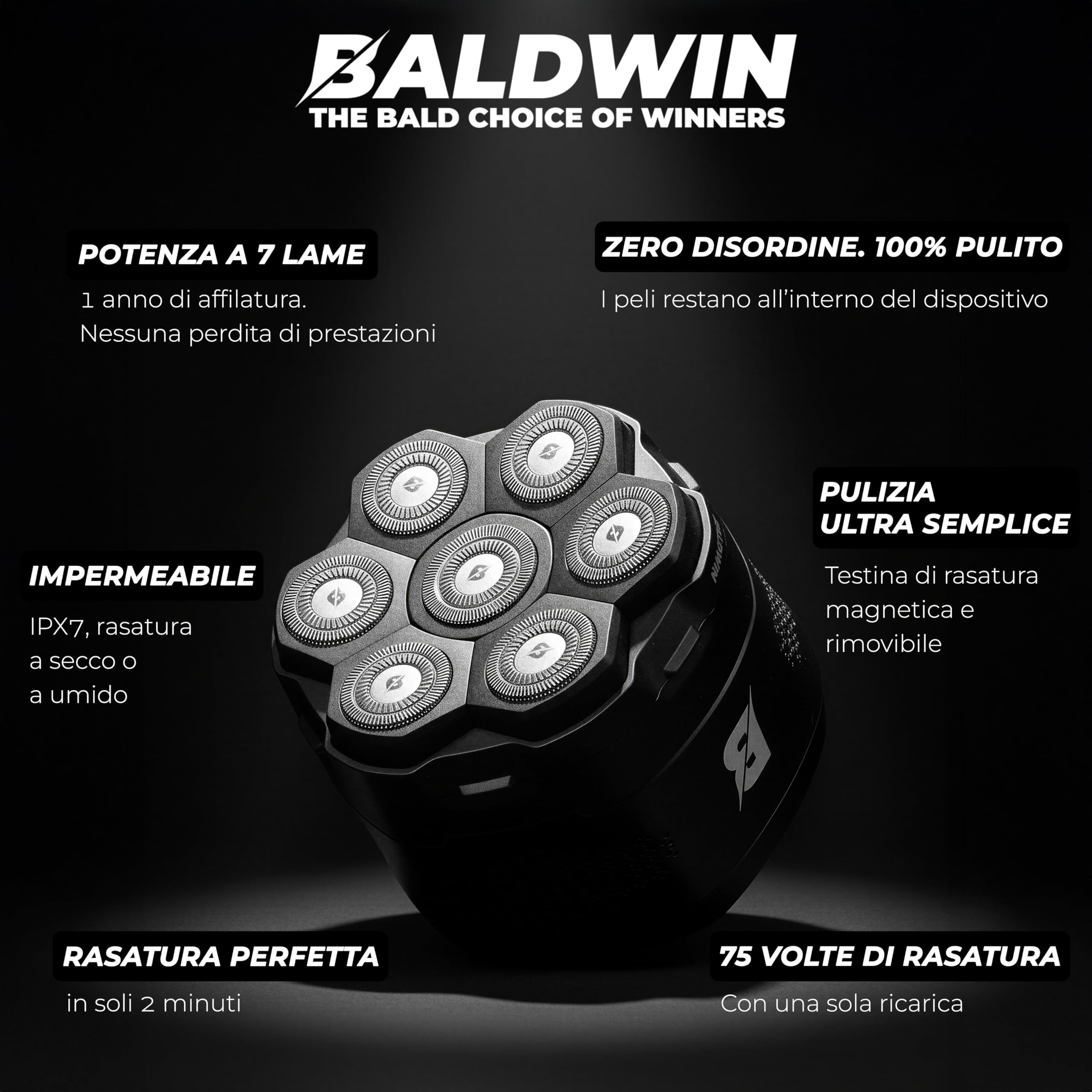 BALDWIN Afeitadora de Cabeza Hombre – Afeitadora Eléctrica Hombre 7D con Cabezal Magnético | Head Shaver para Cabeza Calva | Skull Shaver | Uso en Seco y Mojado, Impermeable, Máquina de Afeitar Cabeza