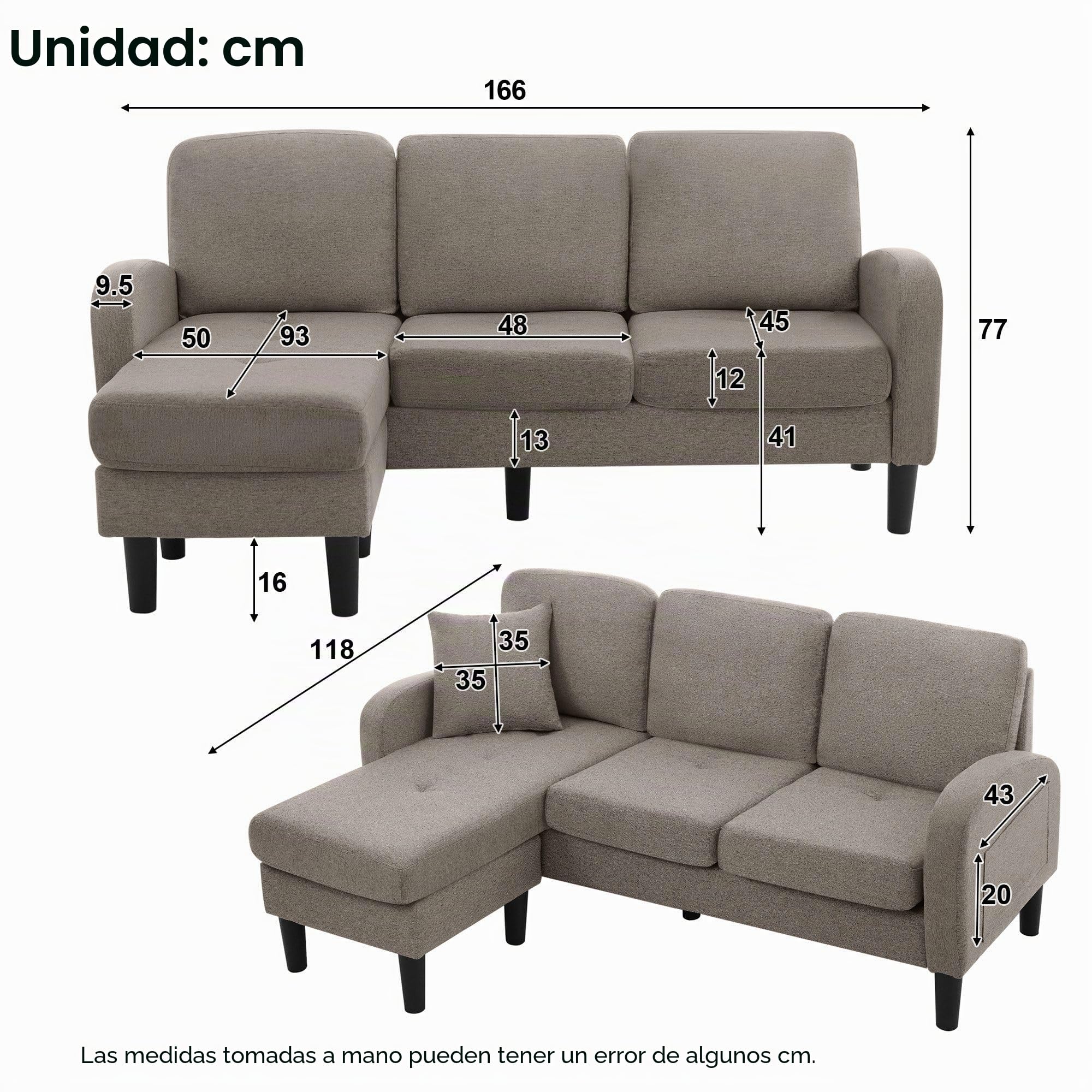 Sofá de esquina en forma de L con chaiselongue – Sofá de 3 plazas, 166 x 118 x 77 cm, Tela de algodón y lino transpirable, patas de plástico, diseño modular, ideal para salas de estar, apartamentos y