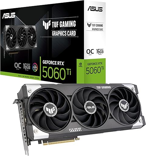 ASUS TUF GeForce RTX™ 5060 Ti 16GB GDDR7 OC Edition Graphics Card, NVIDIA, Desktop (PCIe® 5.0, HDMI®/DP 2.1, 3.1-Slot, Military-Grade Components, Protective PCB Coating, Axial-tech Fans)
