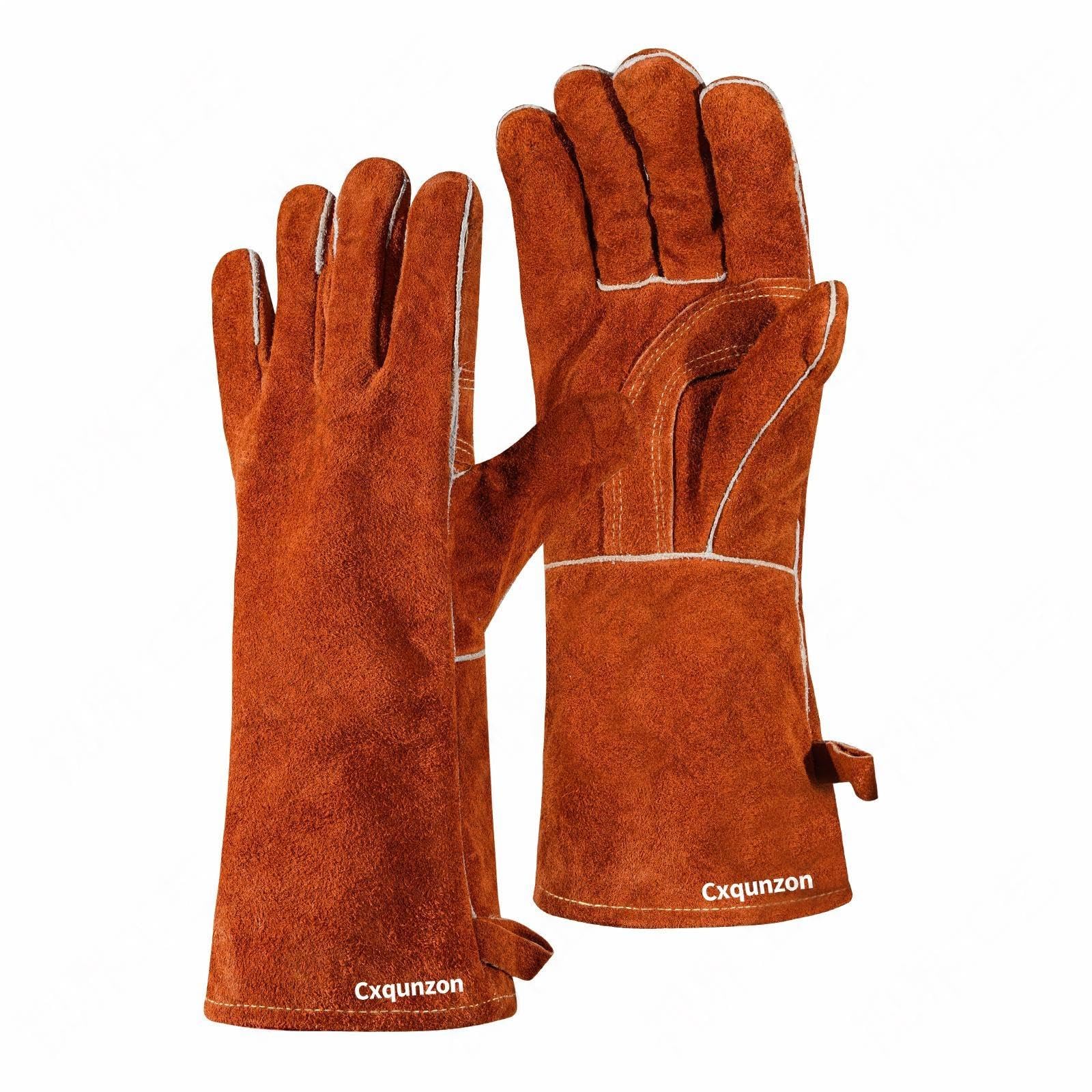 Cxqunzon Leather Welding Gloves - Thick Premium Cow Split Leather, Heat Resistant, Welding, Grilling, BBQ & Fireplace