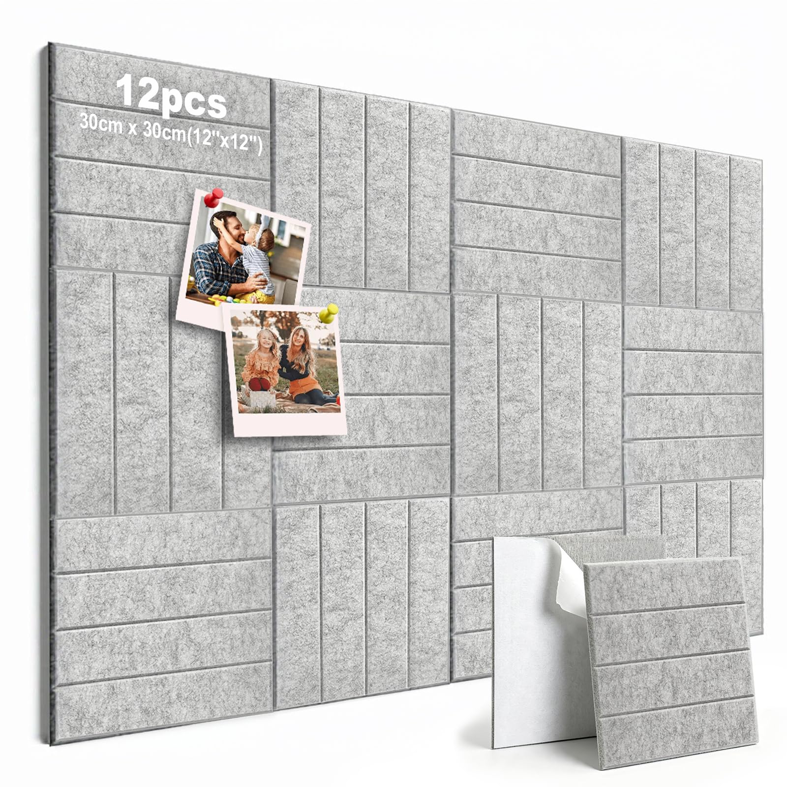 Confezione da 12 pannelli adesivi in feltro, 30,5 x 30,5 cm, pannelli acustici 3D autoadesivi da parete, con puntine, decorazione da parete per scuola e ufficio (grigio)