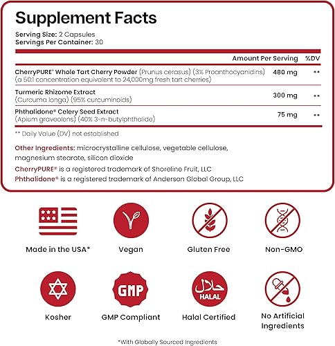 Miniatura 5 de 3 en 1 Cápsulas de extracto de cereza ácida con cúrcuma y semilla de apio para el apoyo de pies y articulaciones, limpieza y eliminación de ácido