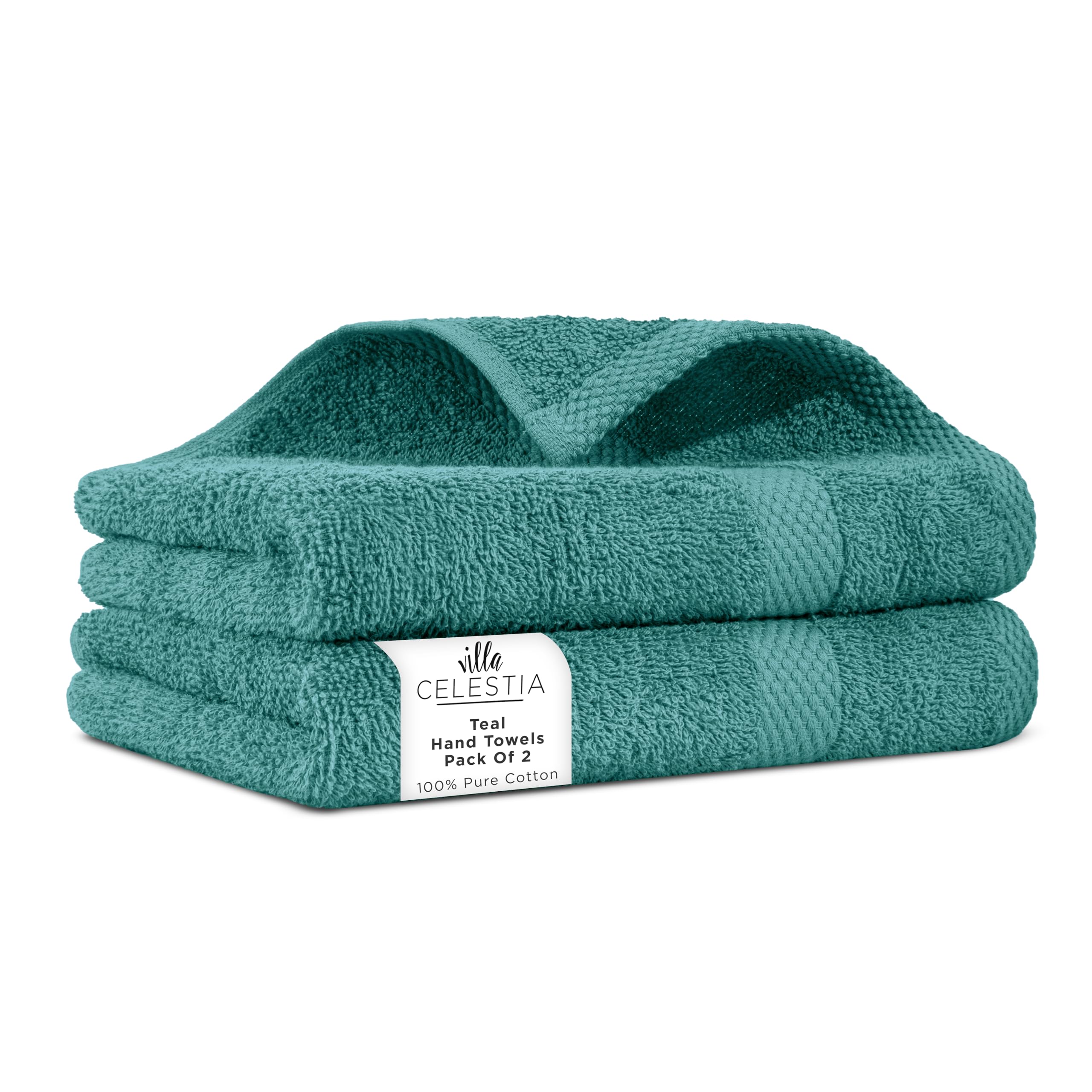 Villa Celestia Cotton Hand Towels Set of 2, 16 x 28, Oeko-TEX Certified, Quick Dry, Teal