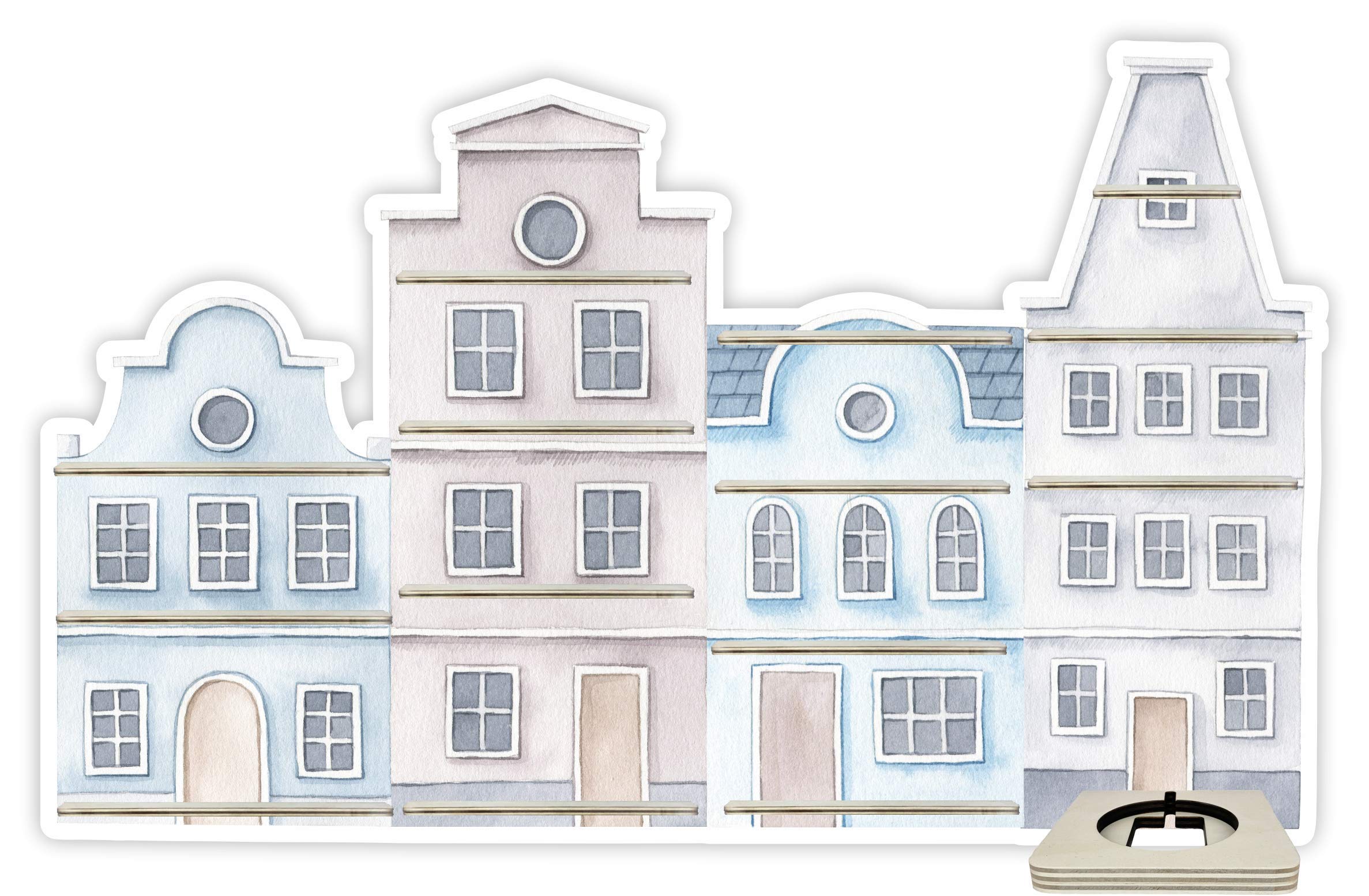 Farbklecks-Collection Musikboxregal Stadthaus grau blau, Wandregal für bis zu 60 Hörfiguren, Maße 76 x 47 x 6 cm, mit speziellem Ablagefach kompatibel mit Toniebox, handgefertigt in Deutschland