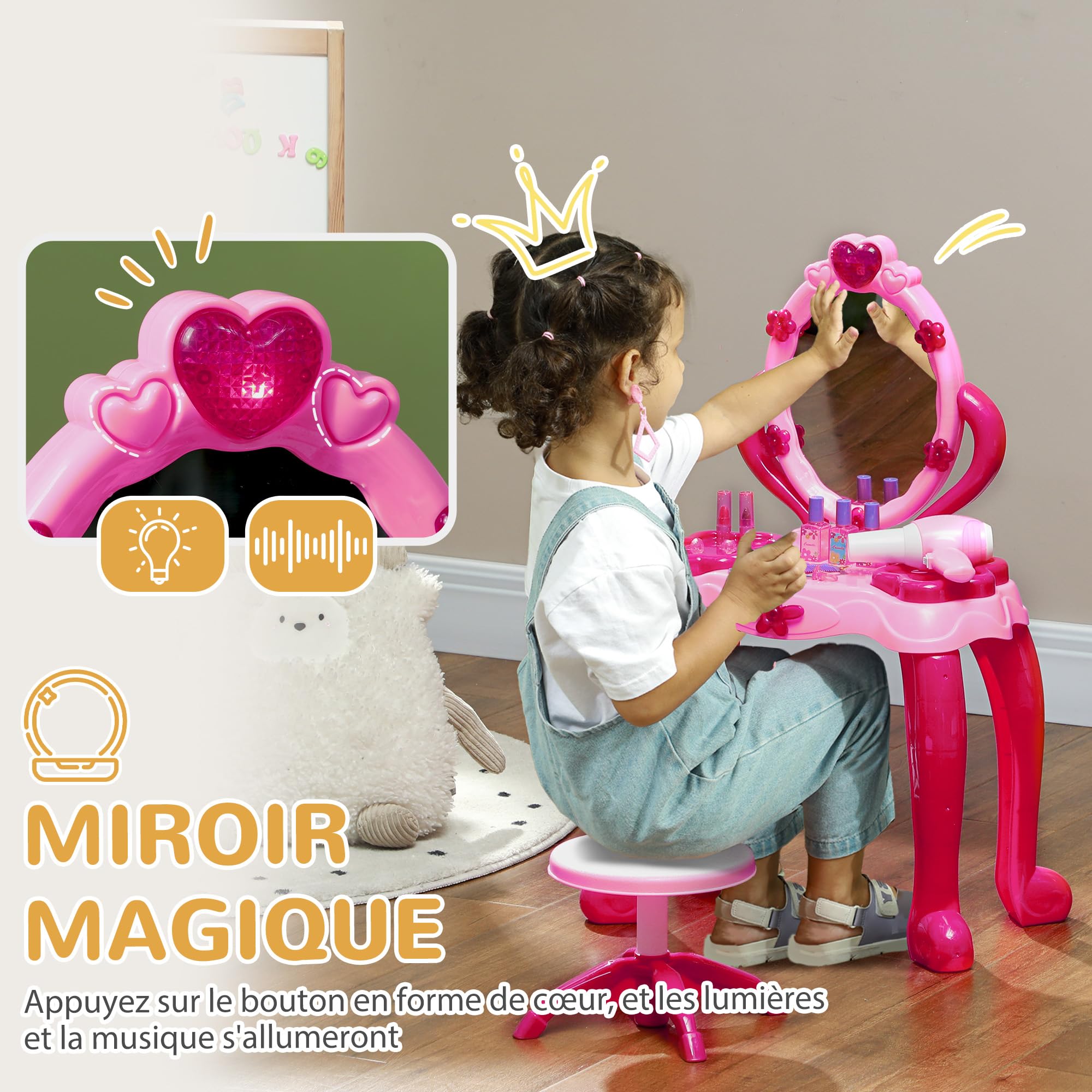 AIYAPLAY Coiffeuse pour Enfants de 3 à 6 Ans Ensemble Coiffeuse et Tabouret avec Miroir 15 PCS, Table de Maquillage avec lumière, Musique, sèche-Cheveux, Rose