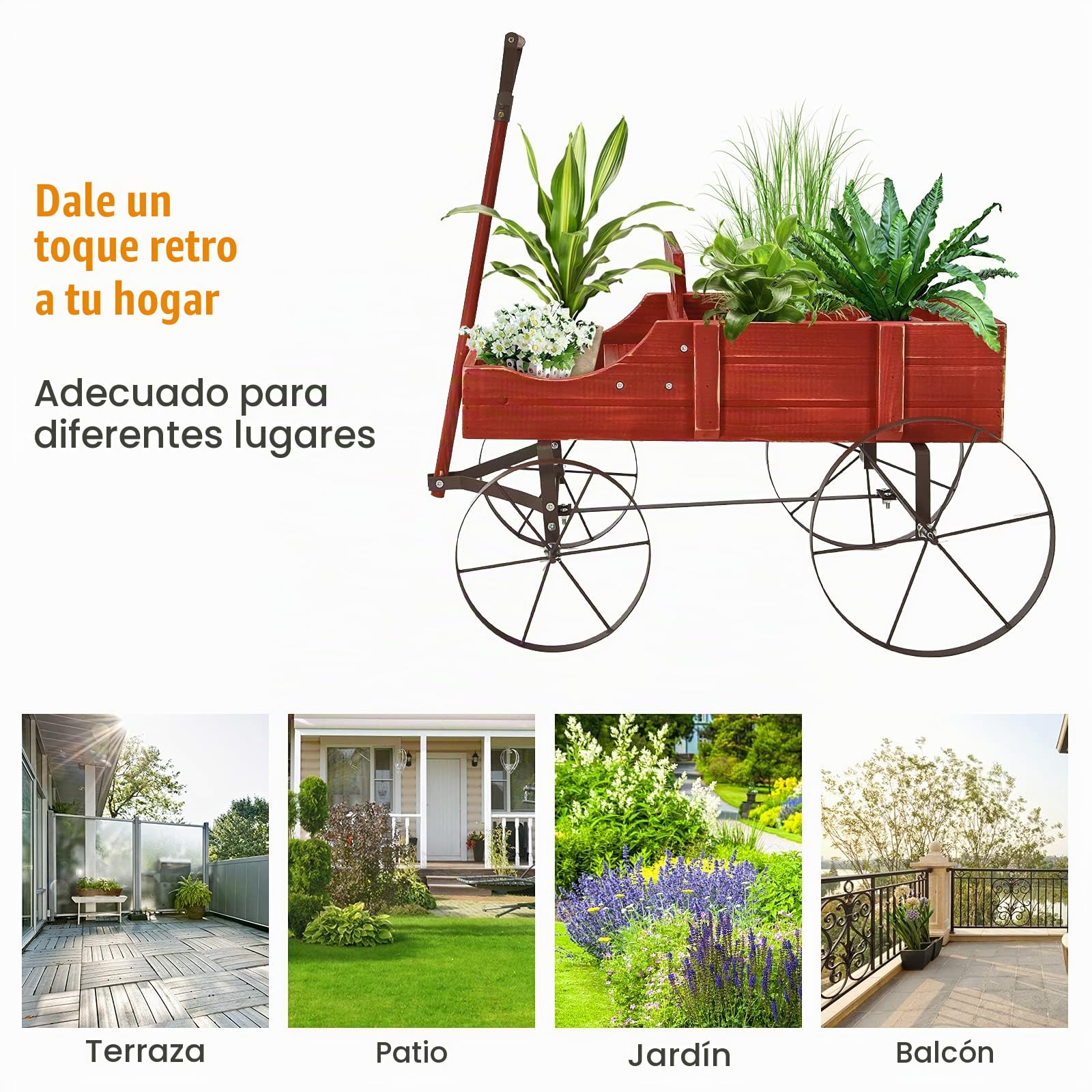 GOPLUS Carrito de Madera para Planta con 4 Ruedas Metal y Mango, Macetero Decorativo Exterior con 2 Compartimentos, Jardinera Interior Colocar Regalos,62 x 34 x 61cm(Rojo)