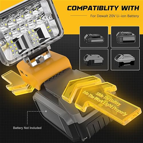 Miniatura 5 de LIVOWALNY - Luz de trabajo LED inalámbrica, luz de trabajo de mano para batería de litio DeWalt de 20 V, 20 W, 2000 lm, linterna de herramientas,