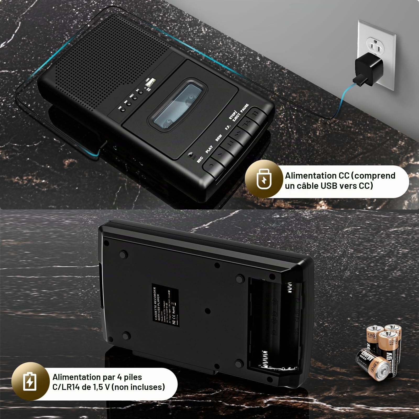Lecteur Cassette Portable,Enregistreur de Cassettes,Convertisseur Numérique de Cassettes vers Disque Flash USB, Haut-Parleur Intégré, Poignée Rétractable