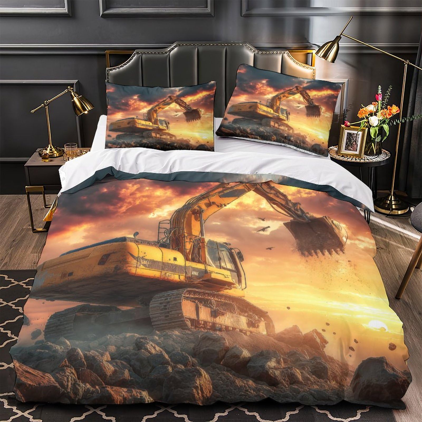 Housse de couette excavatrice 3D pour la chambre familiale et adulte ambiance chantier moderne