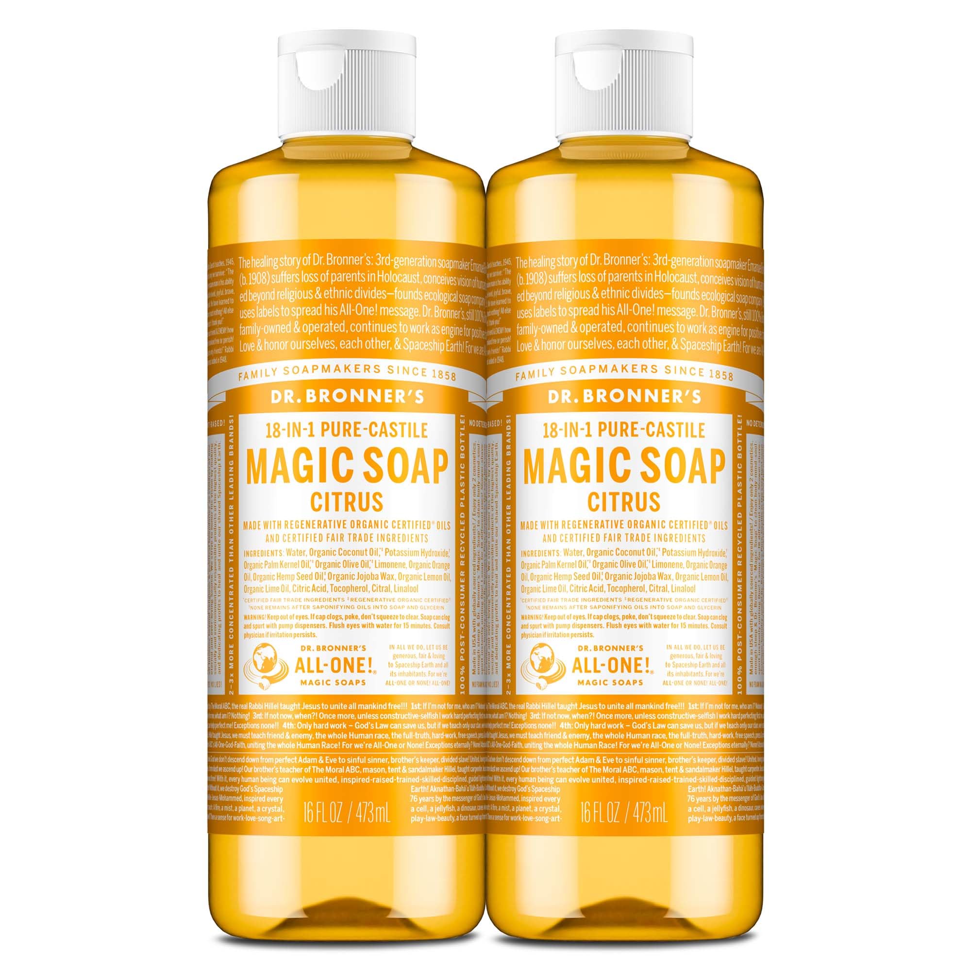 Dr Bronners Pure-Castile Magic Liquid Soap Citrus 16 Ounce 2-Pack - Made with Regenerative Organic Certified Oils 18-in1