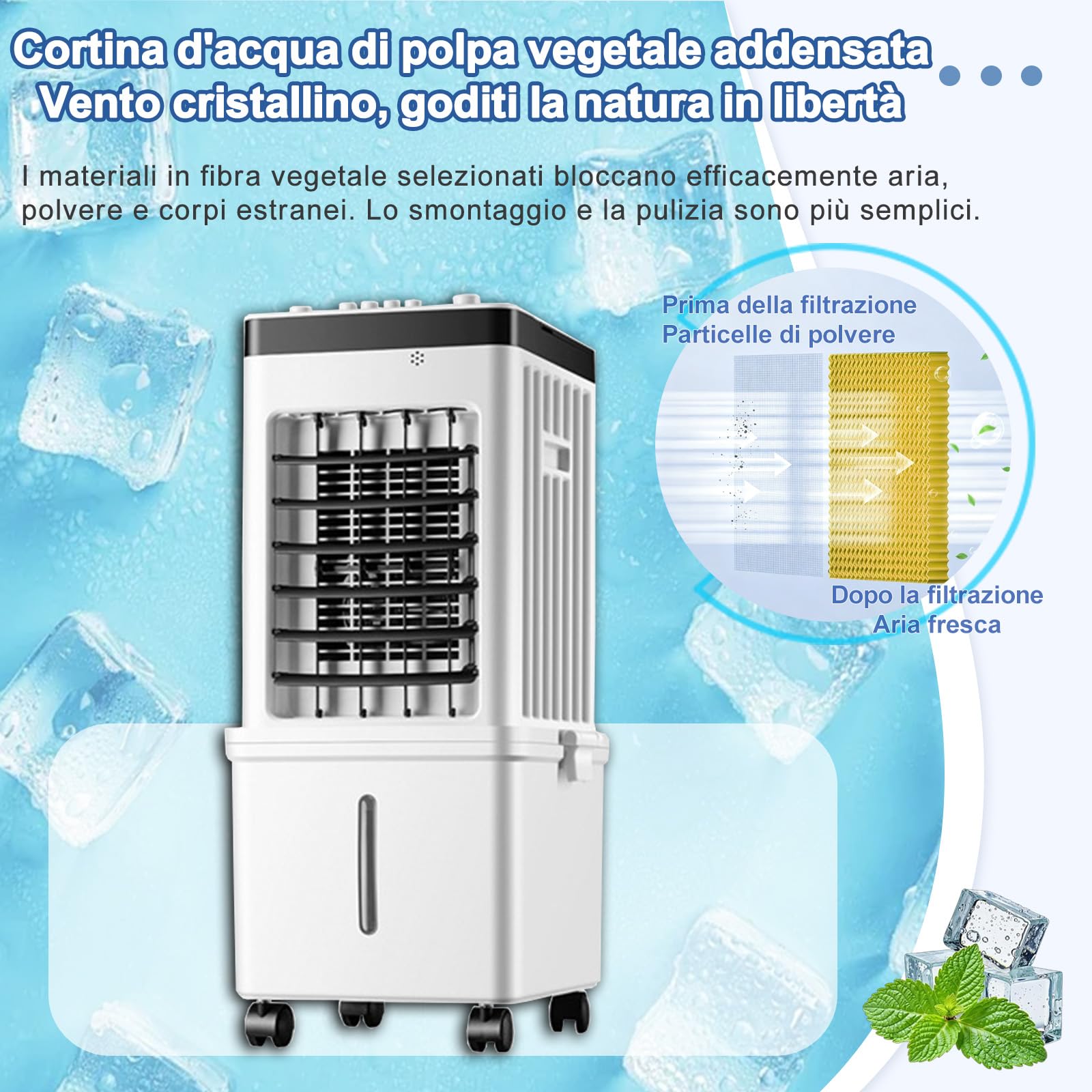 raffrescatore evaporativo,raffrescatore,condizionatore senza tubo,Base con ruota girevole,Oscillazione,Serbatoio Acqua da 15l,per Casa, Cucina, Dormitorio(Telecomando)