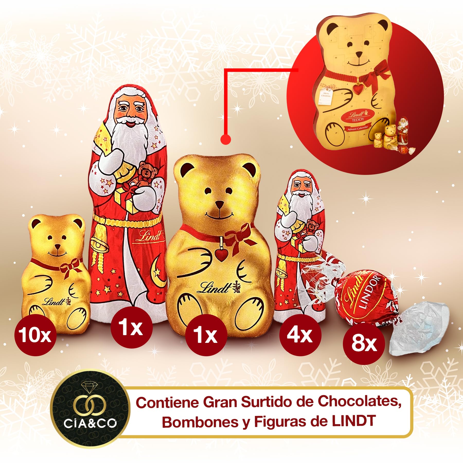 Gran Calendario de Adviento OSO TEDDY 2025 · Gran Formato 310 g · Incluye Tarjeta Personalizada Navidad Cia&Co · Surtido de Bombones y Figuras de Chocolate con Leche · Regalo Premium