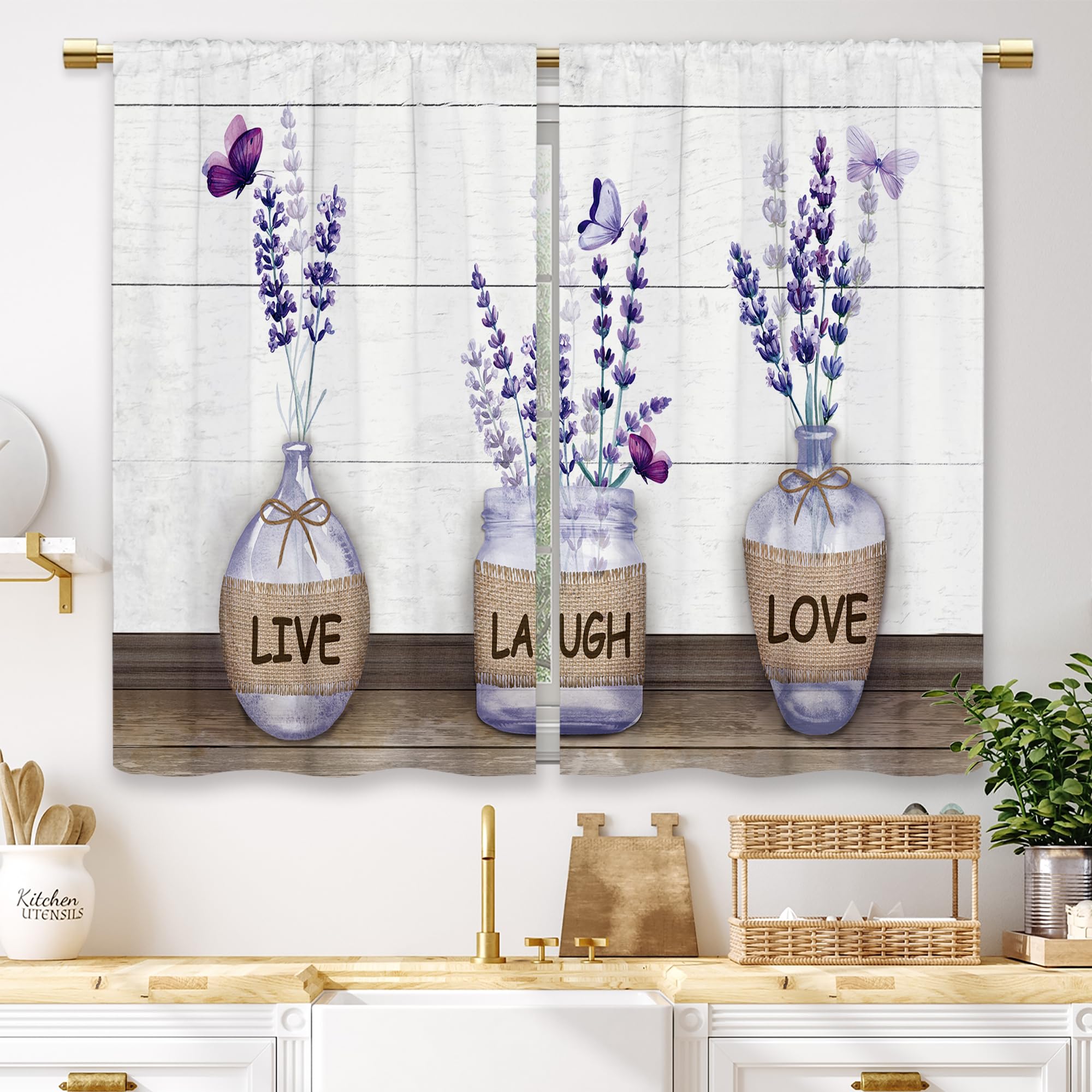 Laifzere Farmhouse Purple Lavender Kitchen Curtains Bottle Rustic Country Flower Small Short Cafe Window Curtains Floral Plank Rod Pocket Bathroom Window Drapes Treatment Tier Curtains (27.5x39 Inch) — image 1
