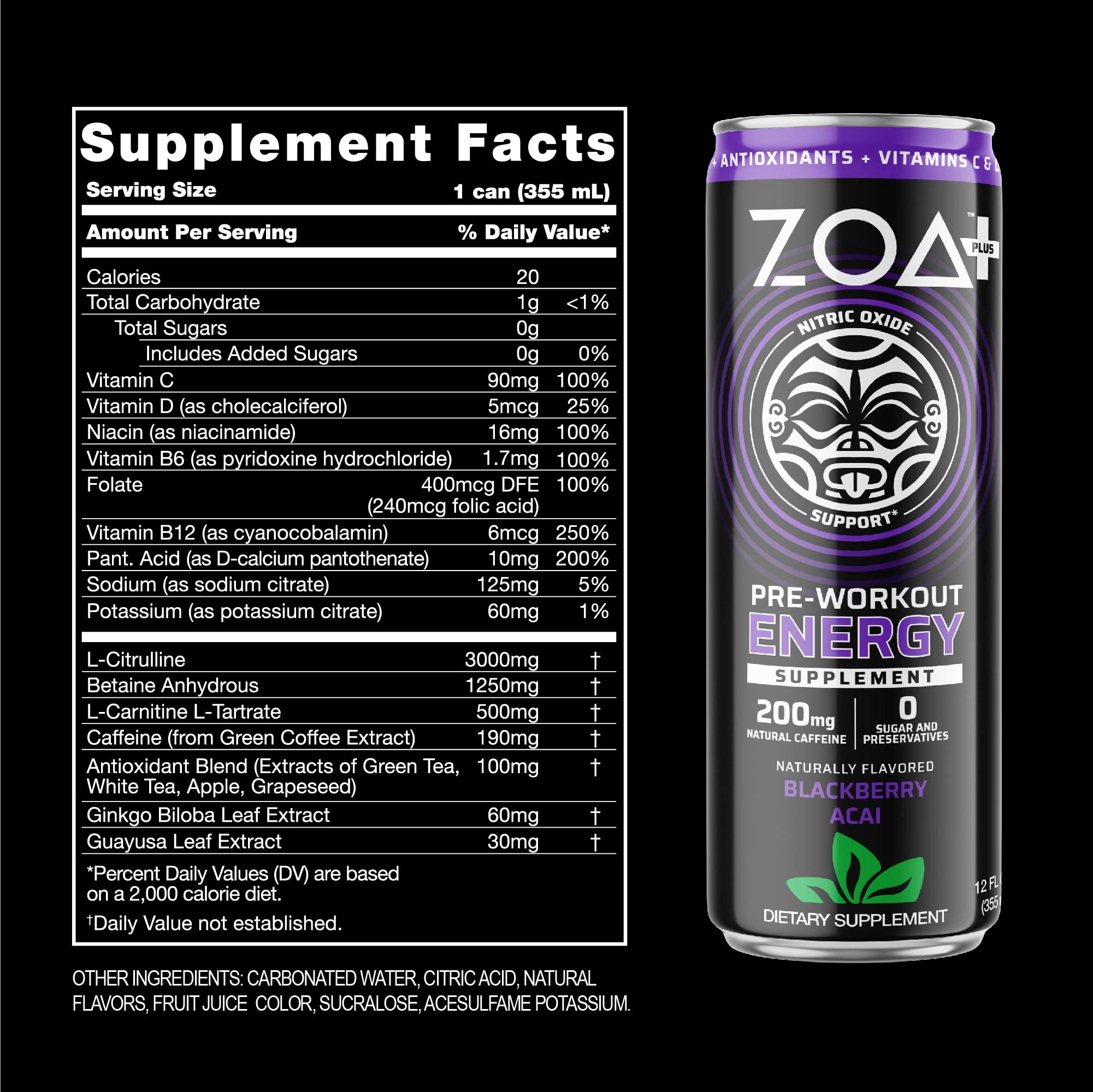 ZOA Plus SugarFree PreWorkout Drink, Ready To Drink
