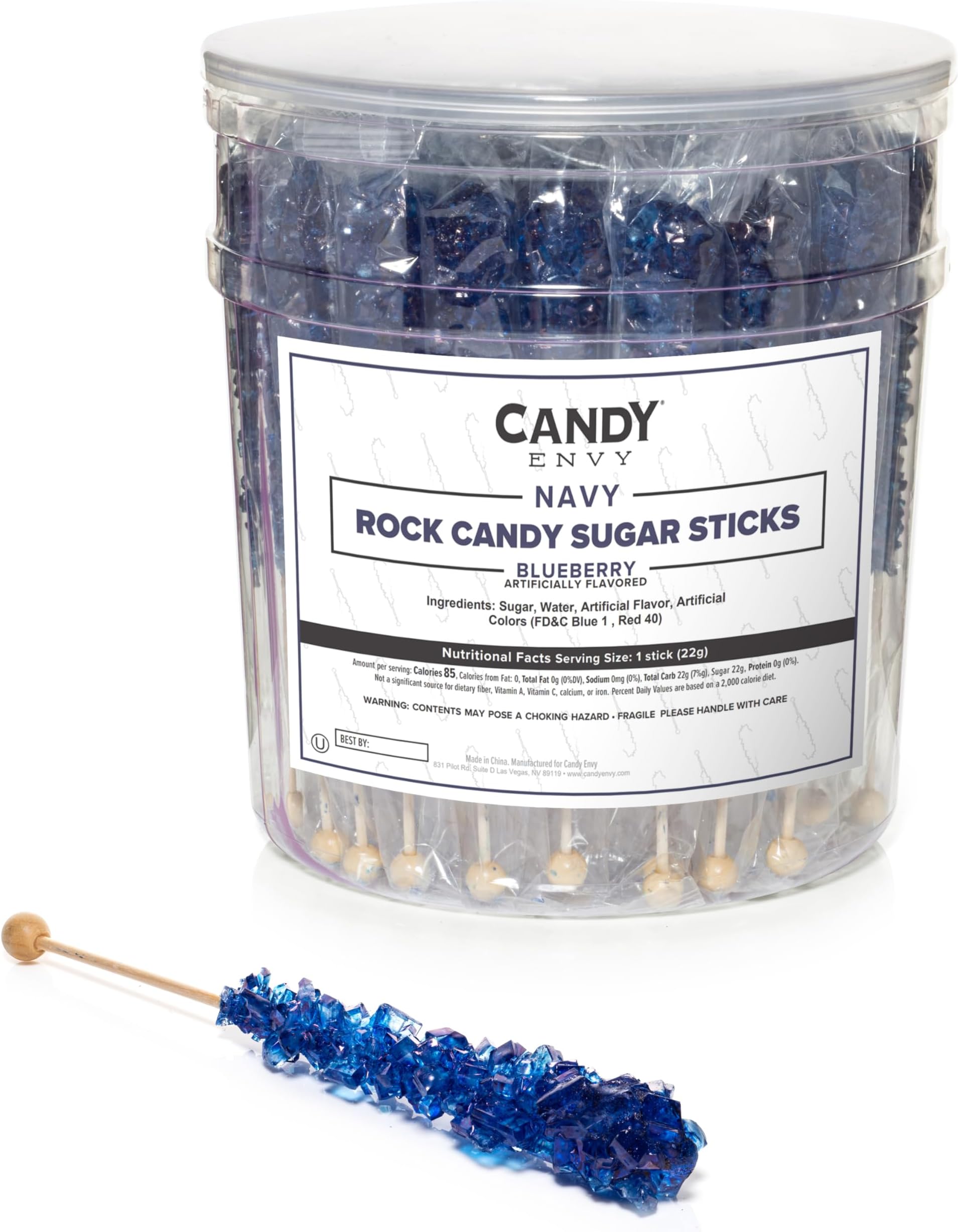 Navy Blue Rock Candy Sugar Sticks - Blueberry Flavored - 36 Individually Wrap...