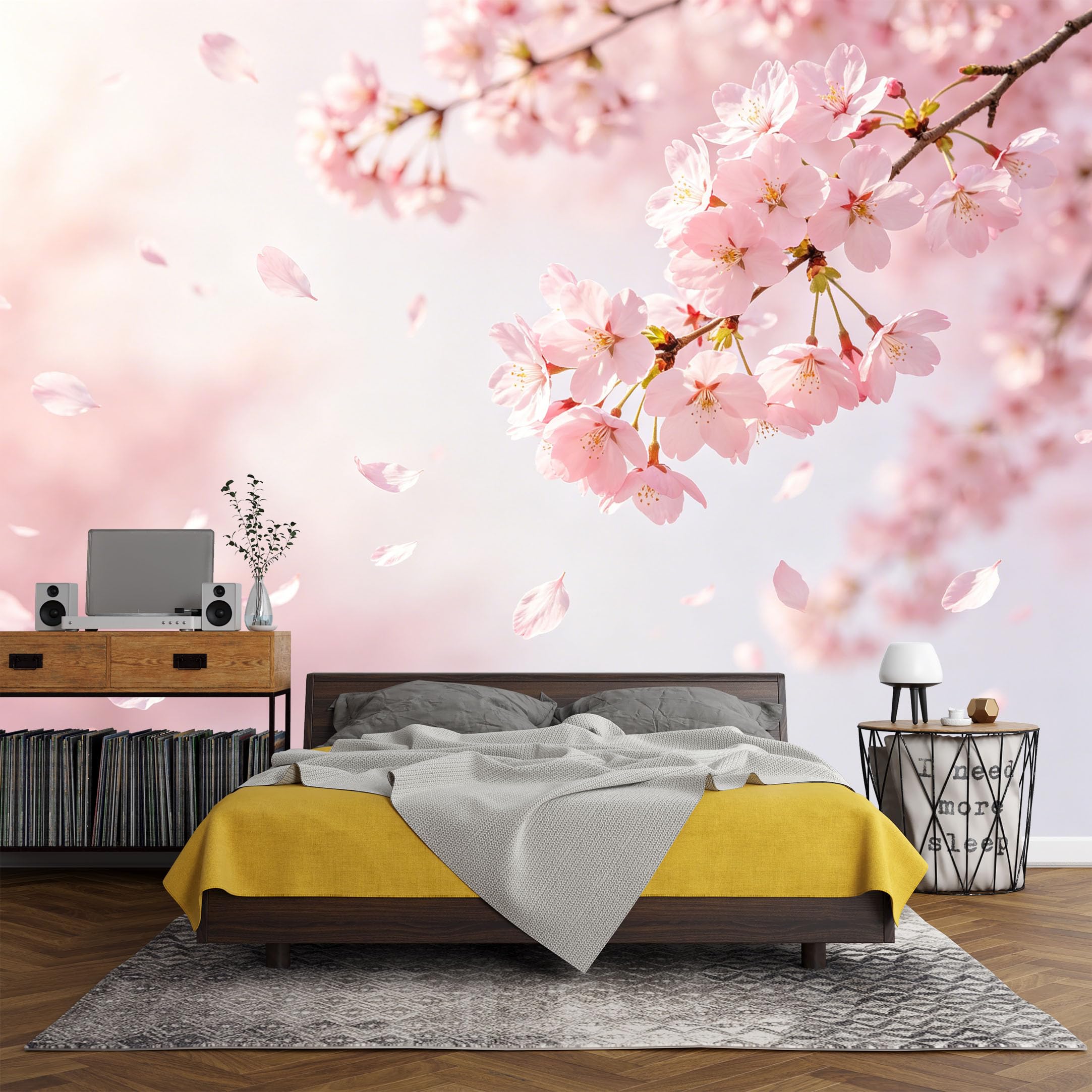 Custom Size Wall Mural， Botanical Pink Cherry Blossom Spring Bloom Sakura Petals，SelfAdhesive Art Prints wall Fabric (No PVC) Removable Wallpaper Living Room Decor