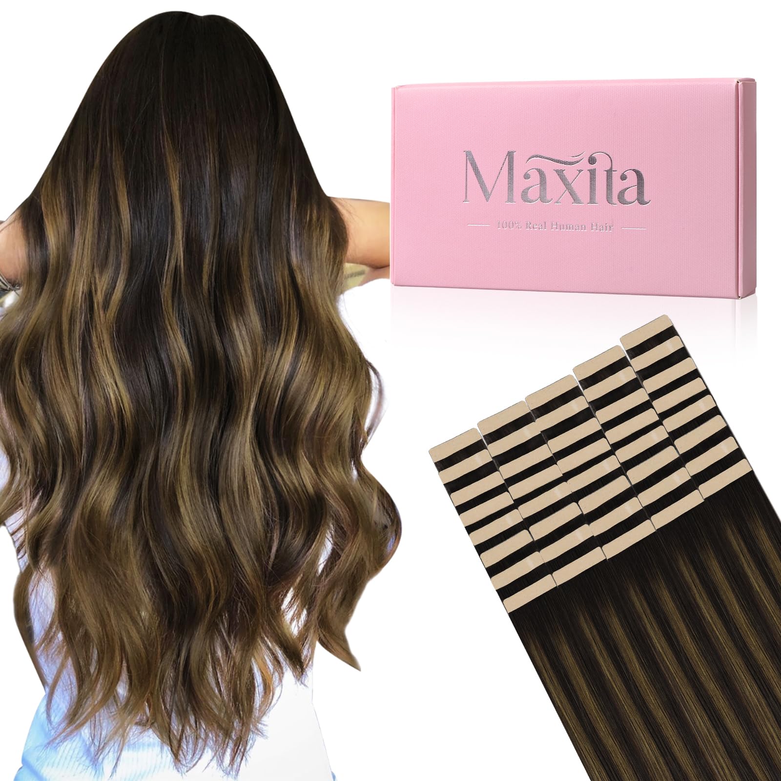 MAXITA Tape in Hair Extensions Human Hair Balayage Dark Brown to Chestnut Brown 18 inch 100g 40pcs Real Human Hair Extensions Natural Hair Extensions