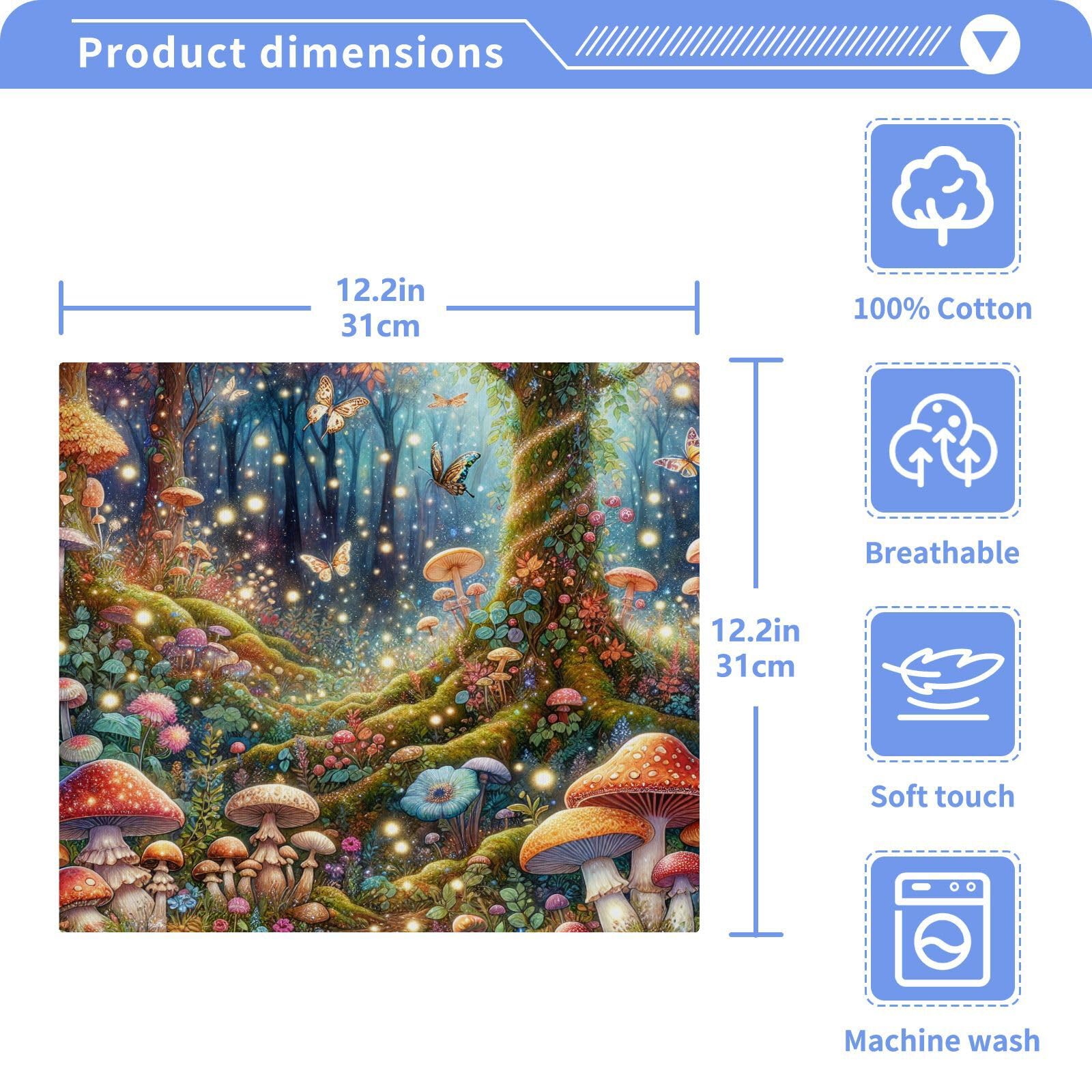 YANENDIE Fairyland Forest Mushrooms Washcloths Towels, Highly Absorbent and Soft Cotton Face Cloths, 2 Pack Quick Dry Wash Cloths - 12 X 12 Inches