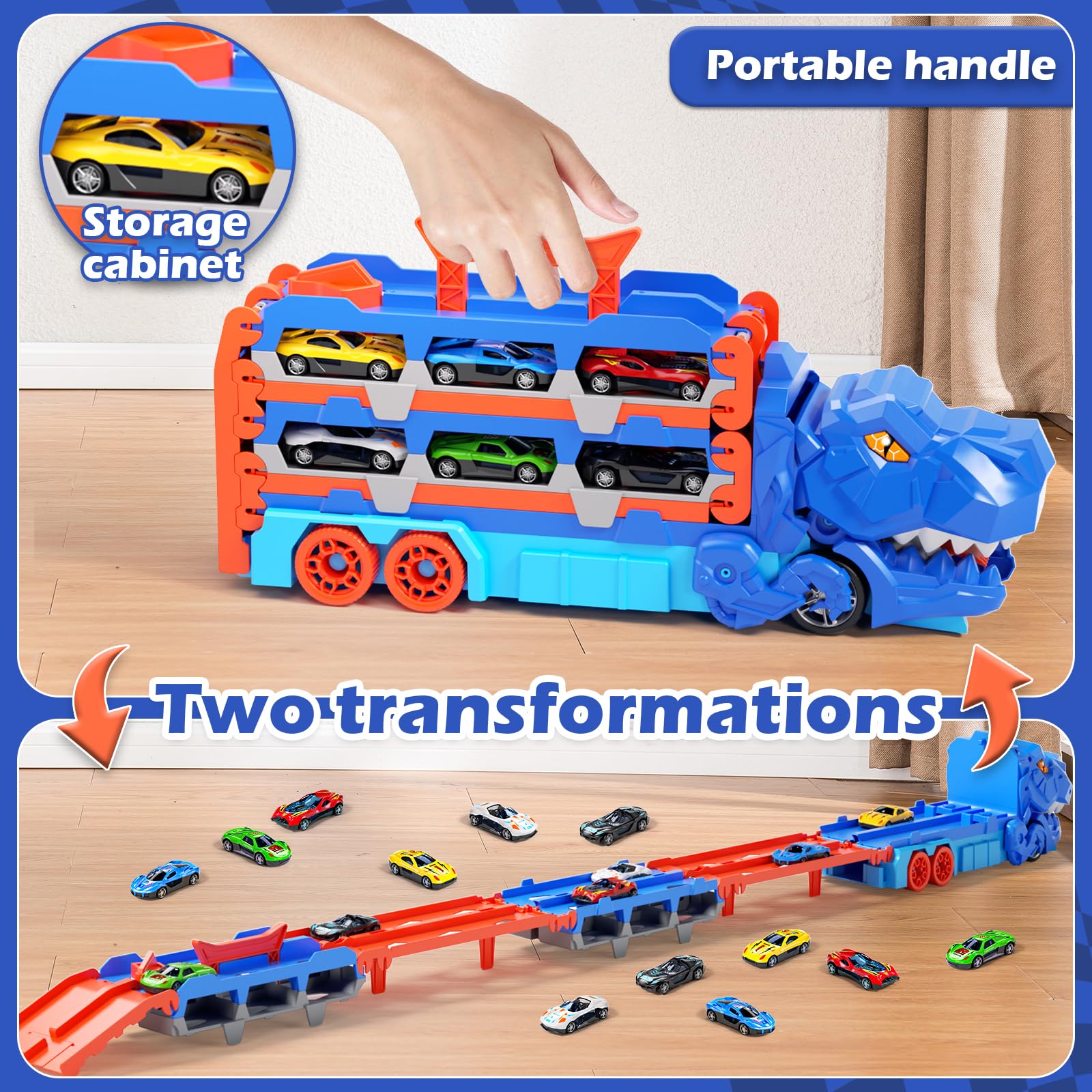 Doloowee 2-in-1 Dinosaurier Transporter-Set für 3 4 5 jährige Jungen, 155 cm Spur Rennwagen Spielzeug Tragbare Transport LKW Spielzeug mit 12 Mini Rennwagen