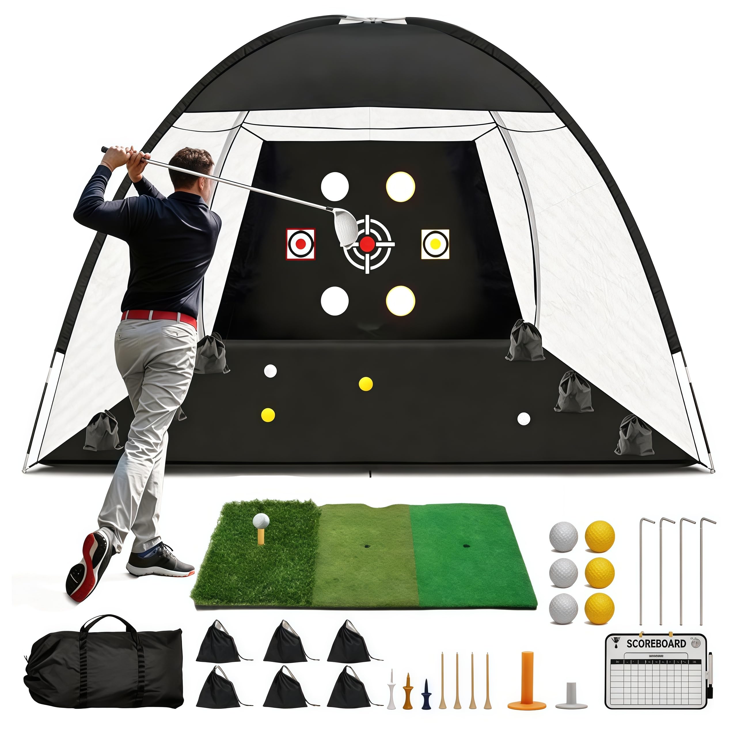 Golf Übungsnetz, 300 x 200 cm Golf Chipping Netz für Indoor und Outdoor Golf Trainingshilfen mit Rasenmatte Golfbälle Tees Sandsack Haken Zähler und Tragetasche für Training im Innen- und Außenbereich