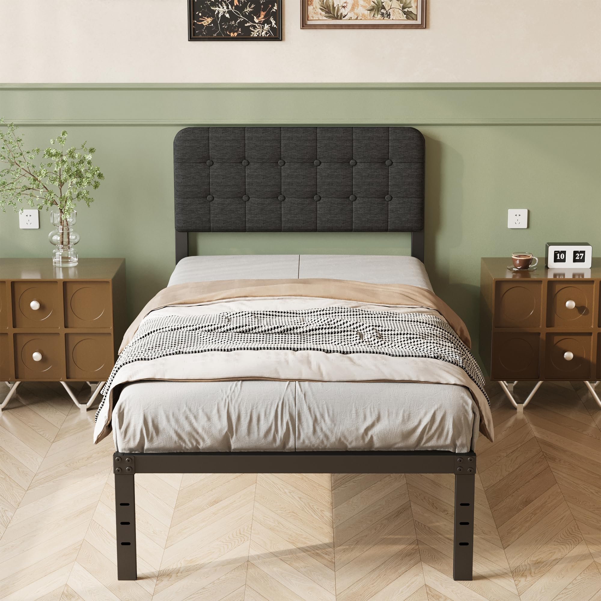 Lutown-Teen Cama 90 x 200 cm con Cabecero Tapizado Curvo, Somier 90x200 de Metal con Soporte de Lamas de Acero, Altura 36 cm, Almacenamiento Debajo de la Cama, Fácil Montaje, Libre de Ruidos, Negro