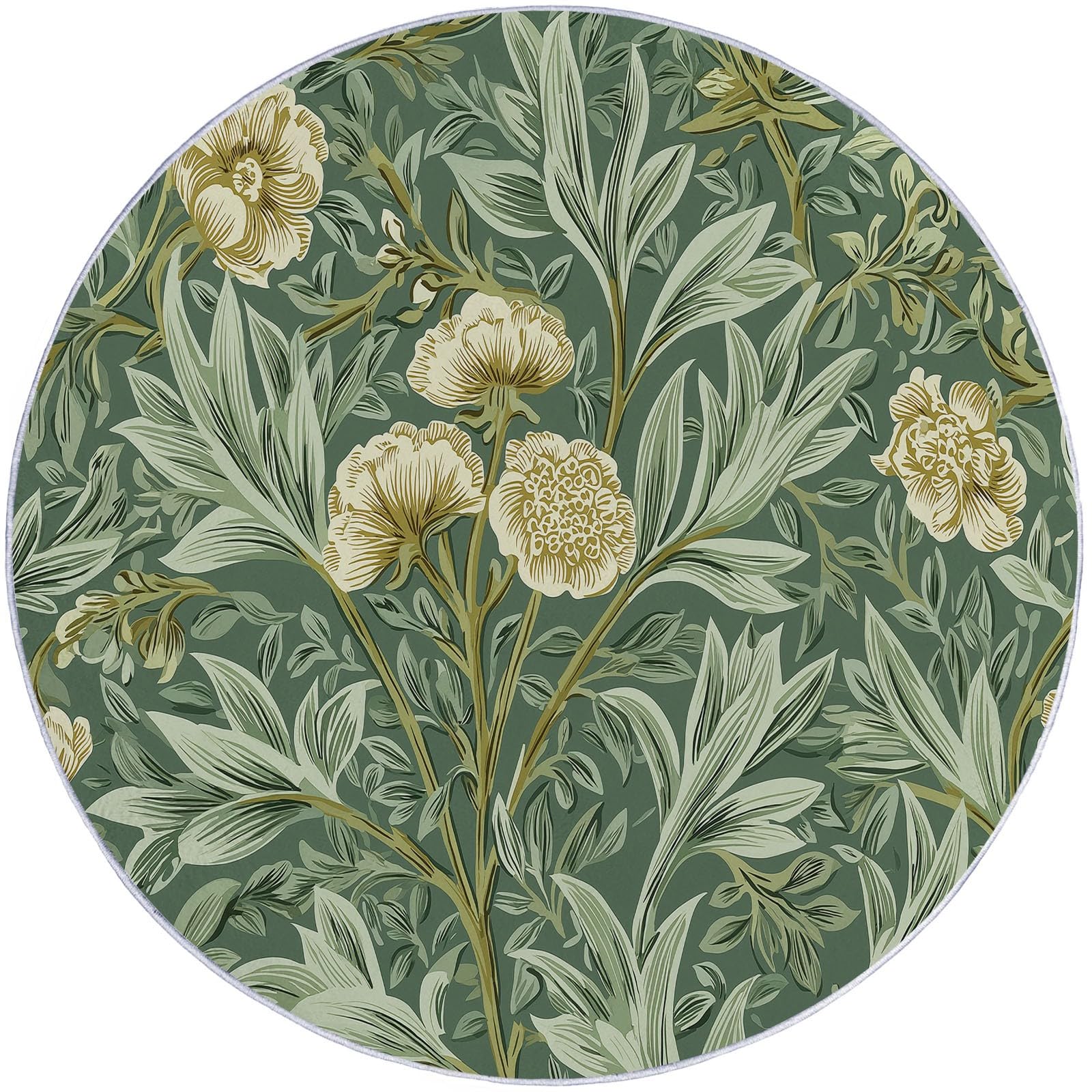 Salbeigrün Rund Teppich Wohnzimmer, William Morris Pflanzen Blumen, 160 cm Großer Weich Kurzflor Teppich Waschbar rutschfest für Esszimmer Küchen Schlafzimmer Studie Heimbüro