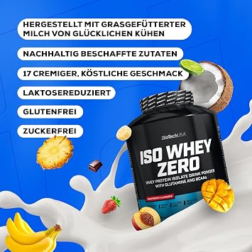 BioTechUSA Iso Whey Zero Whey Protein Isolate Grass-Fed Enzyme-Free Sugar- and Gluten-Free 1816 g Chocolate With BCAA and glutamine lactose reduced sugar-free gluten free 21 g protein per serving 1816 g chocolate