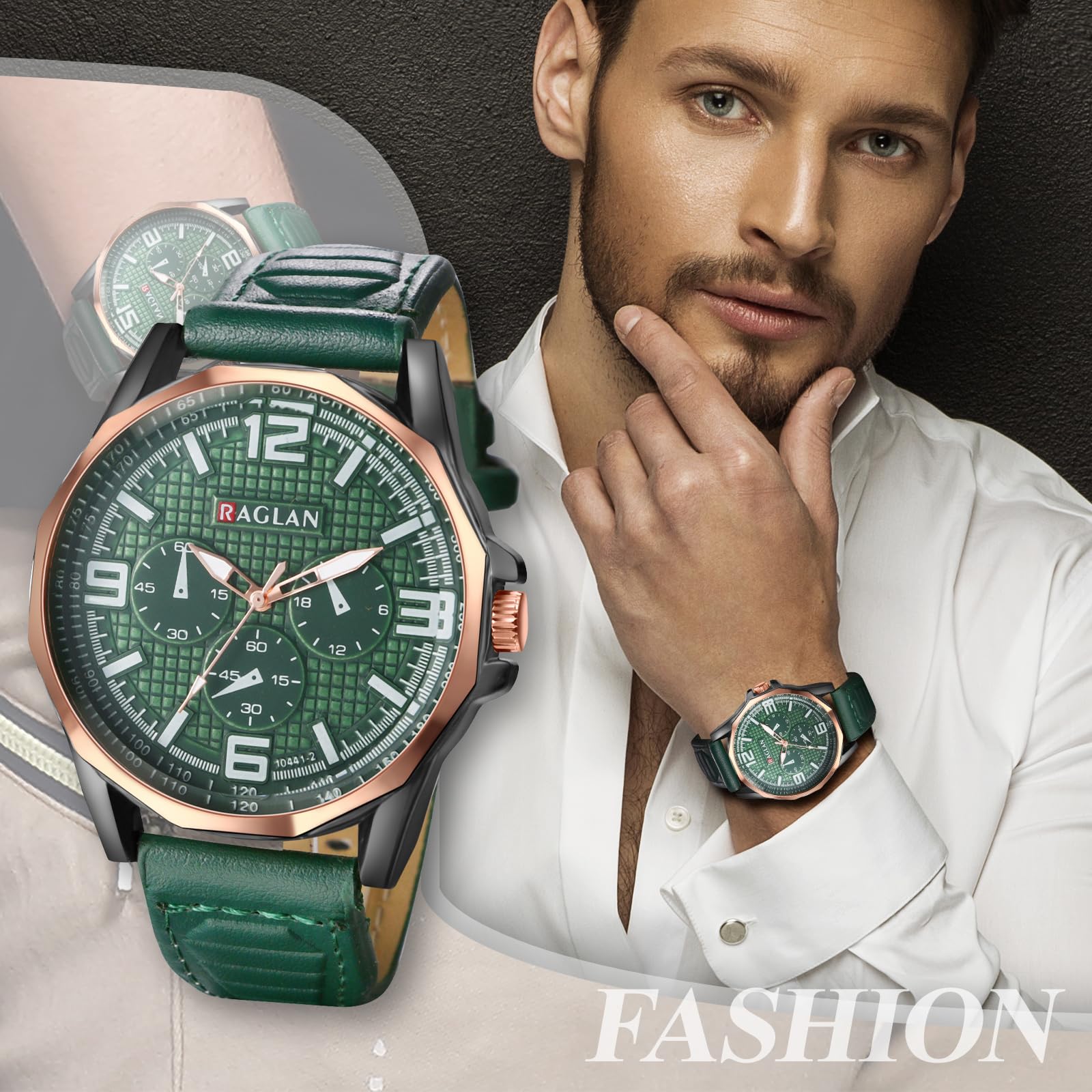 JewelryWe Zegarek męski skórzany świecący zegarek: 3-częściowy zestaw klasyczny analogowy zegarek kwarcowy męski PU skórzany pasek sklep zegarki z dużymi cyframi skala belkowa i słabe świecące