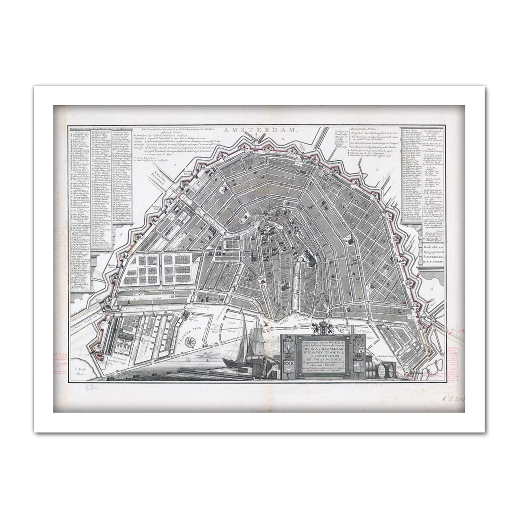 Artery8 Philips Old Map Of Amsterdam City Netherlands Artwork Framed Wall Art Print 18X24 Inch