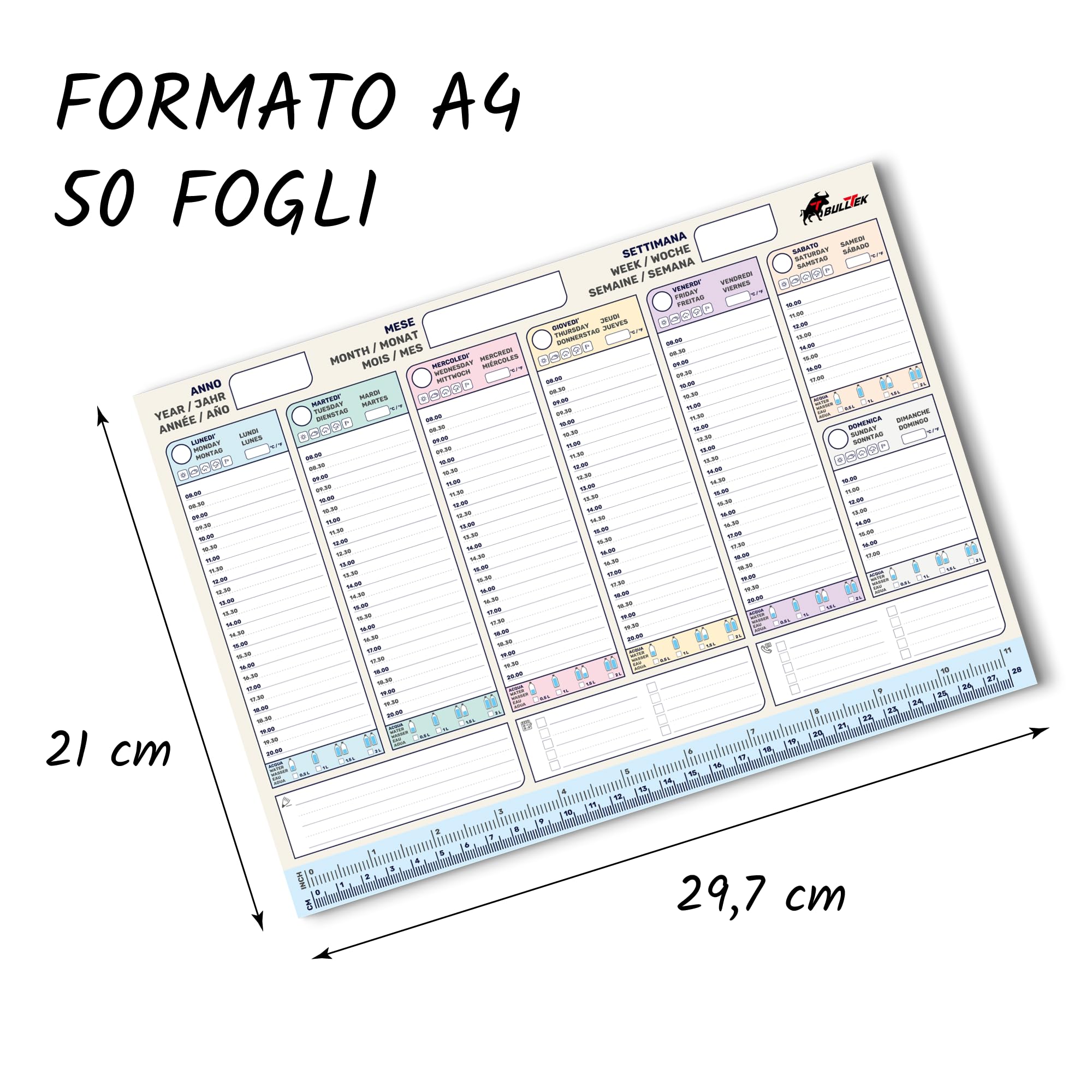 BullTek - Multilingual A4 Weekly Planner | 50 Sheets, Ruler, Pastel Colours | For Professionals & Students | Track Weather & Hydration | Perpetual Use, 21 x 29.7 cm, Paper, Pastel - Image 3