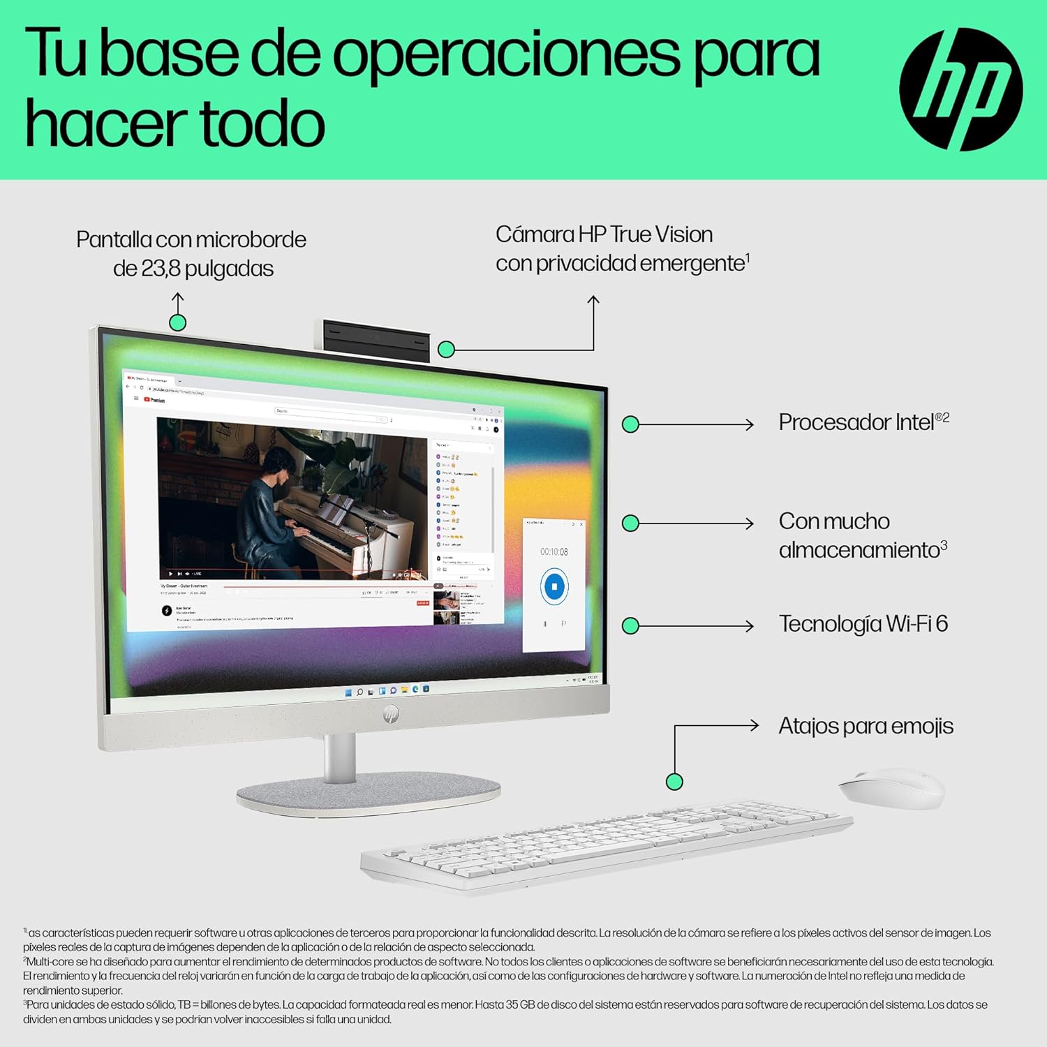 HP All-in-One 24-cr0013ss – Ordenador de sobremesa de 23,8″ FHD (Intel Core i3-N300, 8GB RAM, 512GB SSD, Intel UHD Graphics, Sin Sistema Operativo) Blanco – Teclado QWERTY Español 3