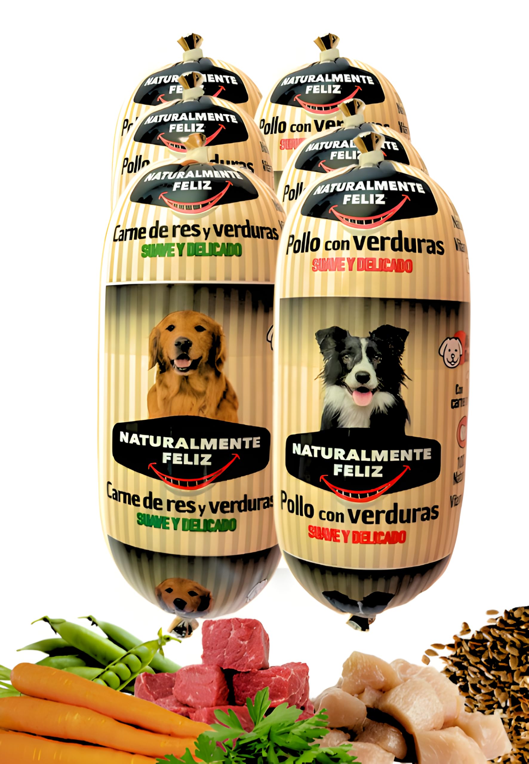 Naturalmente Feliz Alimento Natural casero para Perros, Comida húmeda con Carne y Verduras - 90% Carne (6x450gr) (Cocido Pollo - Ternera y Verduras) Comida Húmeda