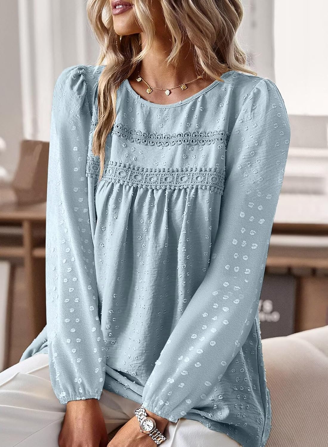 Boho Tops for Women Long Sleeve Shirts Crewneck Flowy Womens Blouses Dressy Casual Lace Hem Clothing Trendy 2026 - Image 2