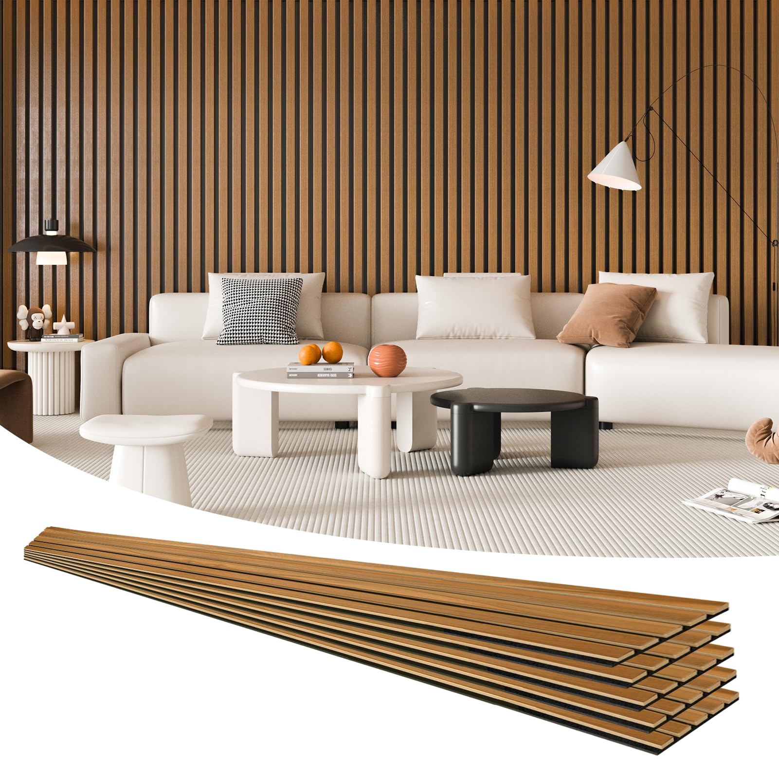 Art3d 94.5" x 7.9" Acoustic Slat Wood Wall and Ceiling Panels, 4 Pieces, Fluted Modern Sound Absorbing Panels, Teak